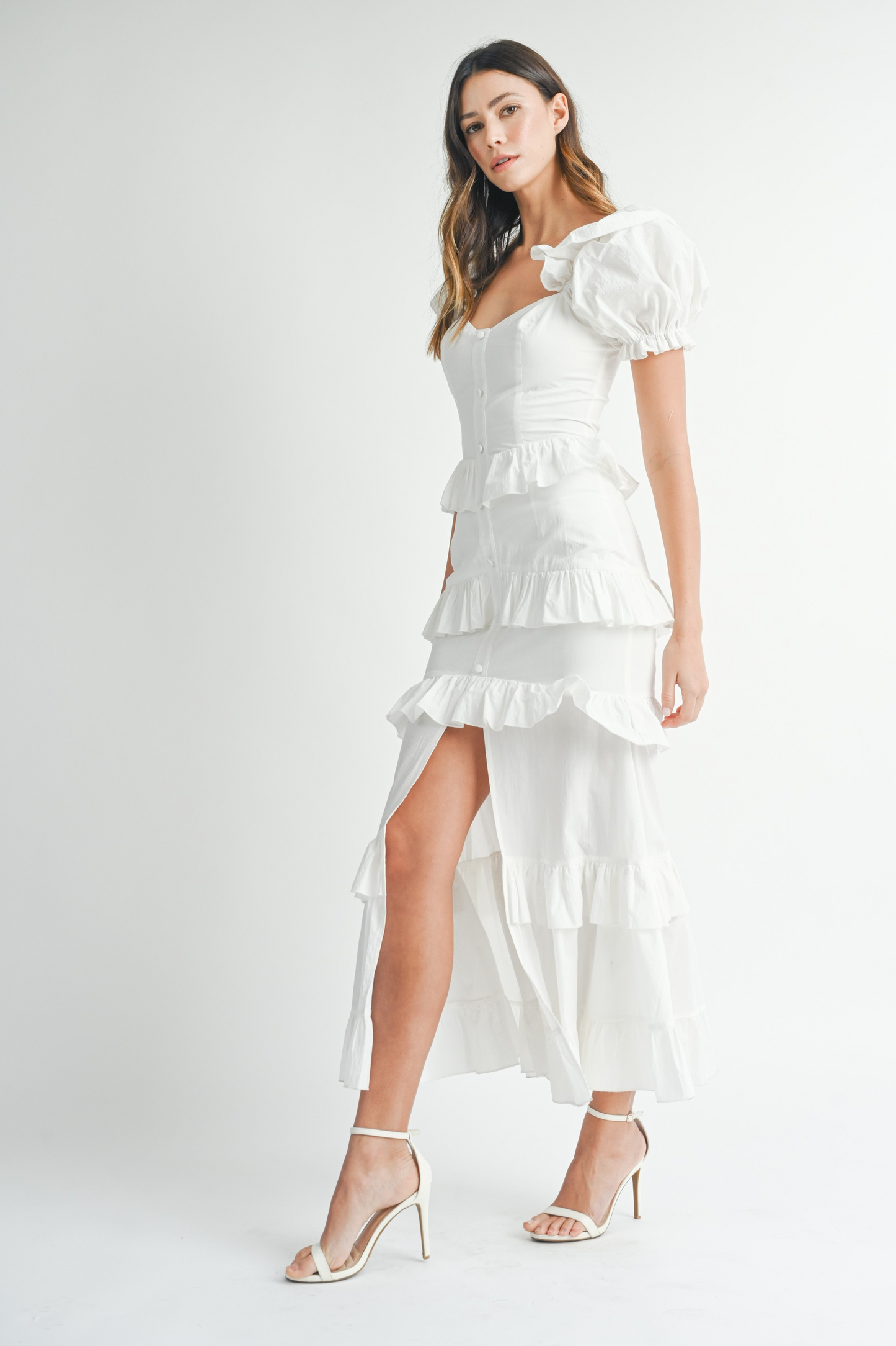 Button Front Ruffle Tiered Maxi Dress