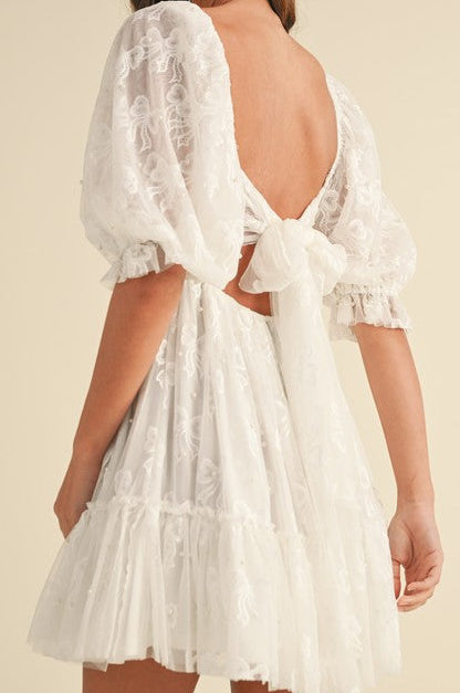 Bow Pearl Tulle Mini Dress Small / Off White Bow Pearl Tulle Mini Dress Small / Off White