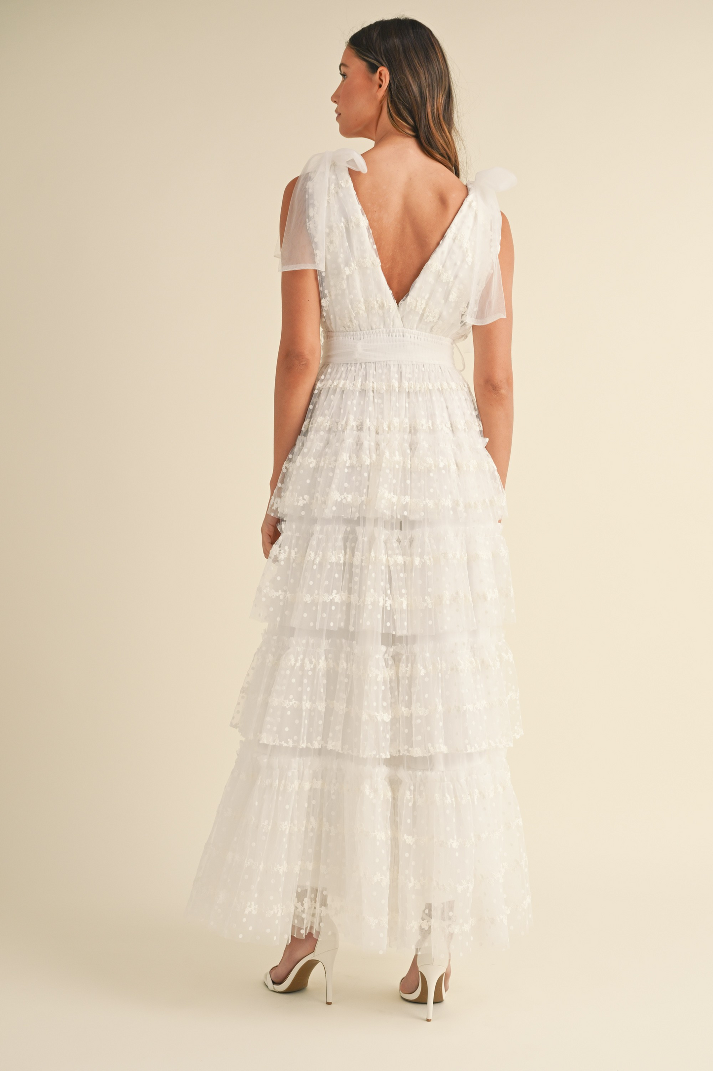 Dot Lace Mesh Tiered Ruffle Maxi Dress