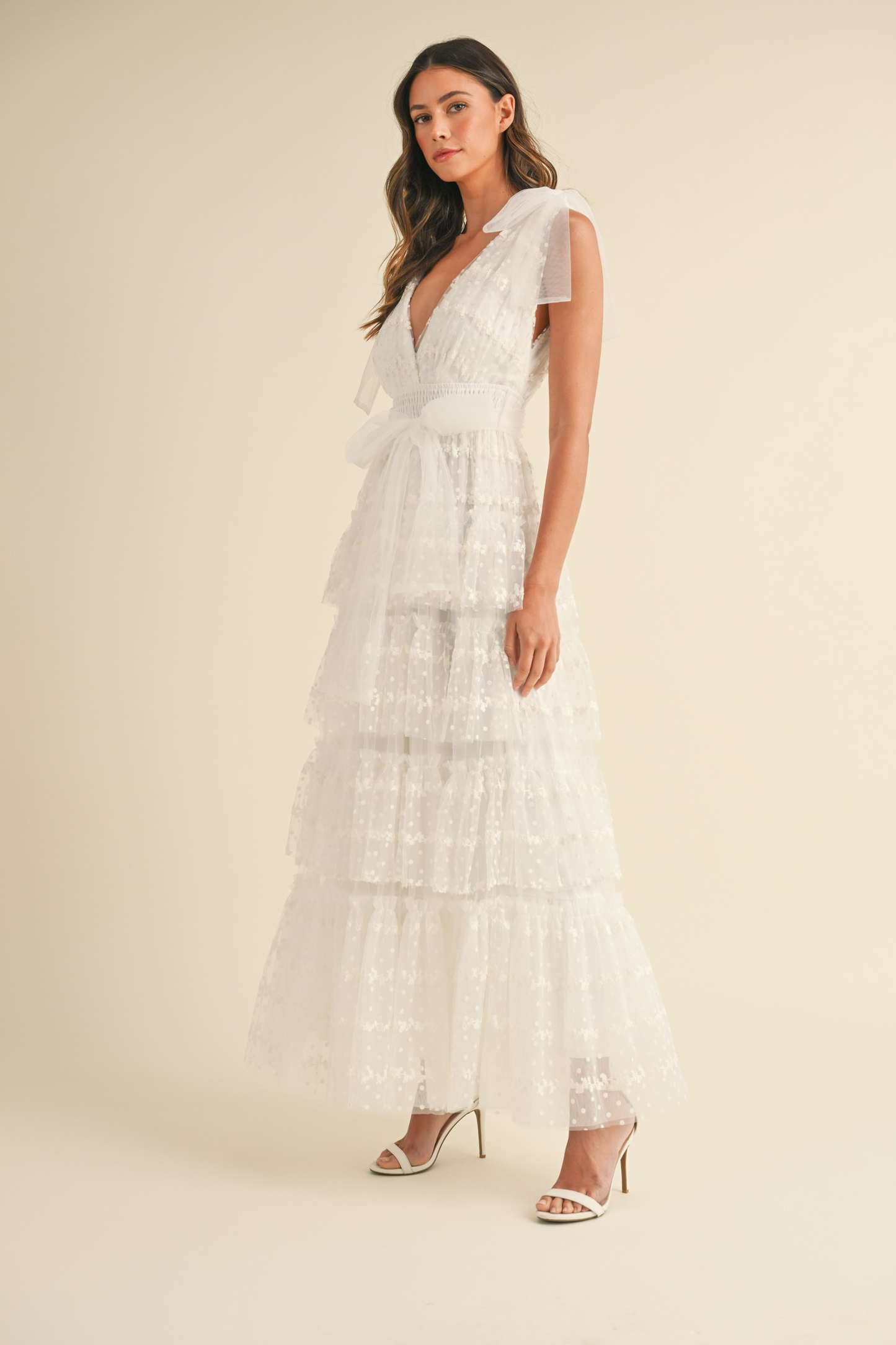 Dot Lace Mesh Tiered Ruffle Maxi Dress