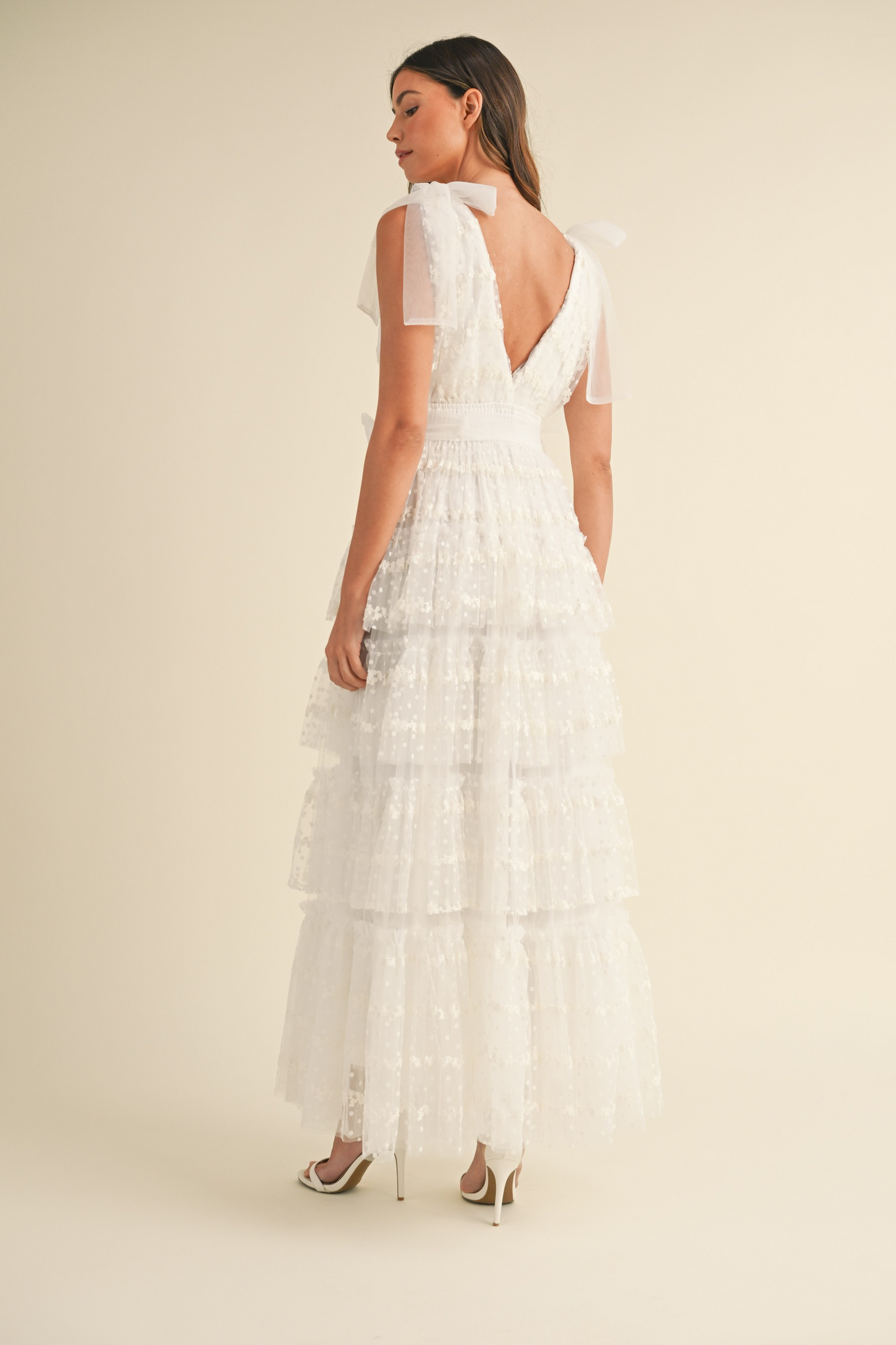 Dot Lace Mesh Tiered Ruffle Maxi Dress
