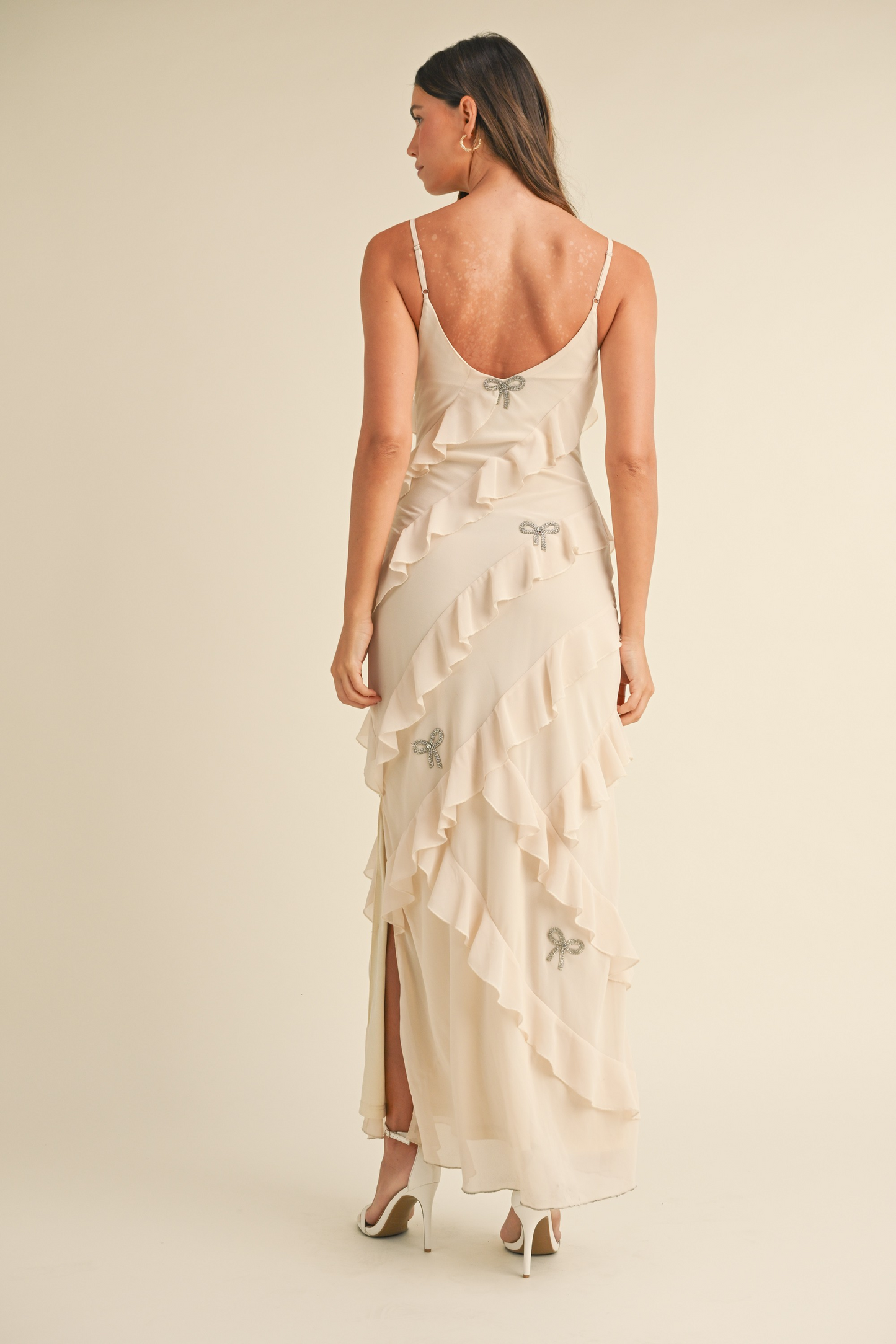 Bow Rhinestone Detailed Ruffle Maxi Dress