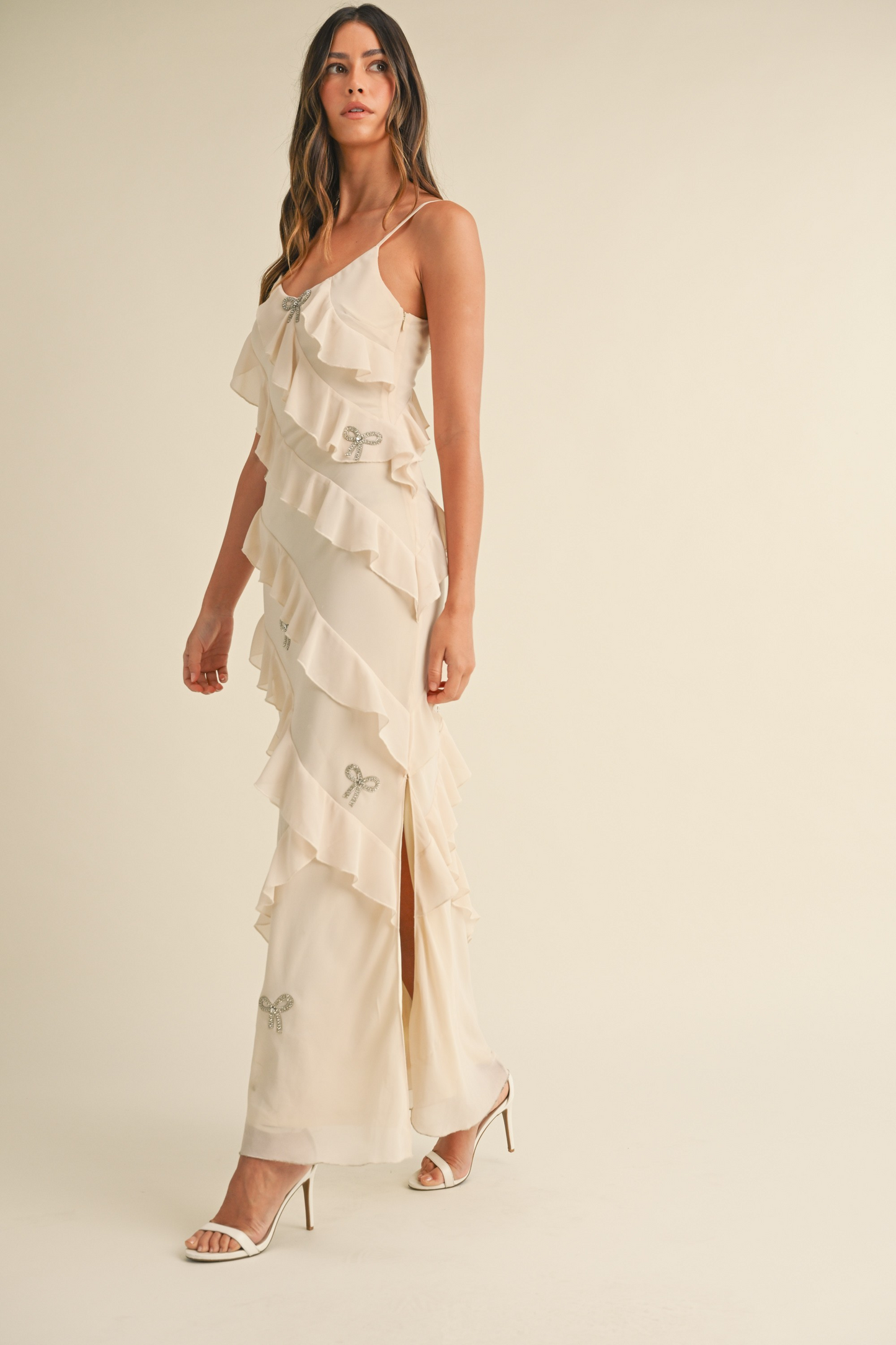 Bow Rhinestone Detailed Ruffle Maxi Dress