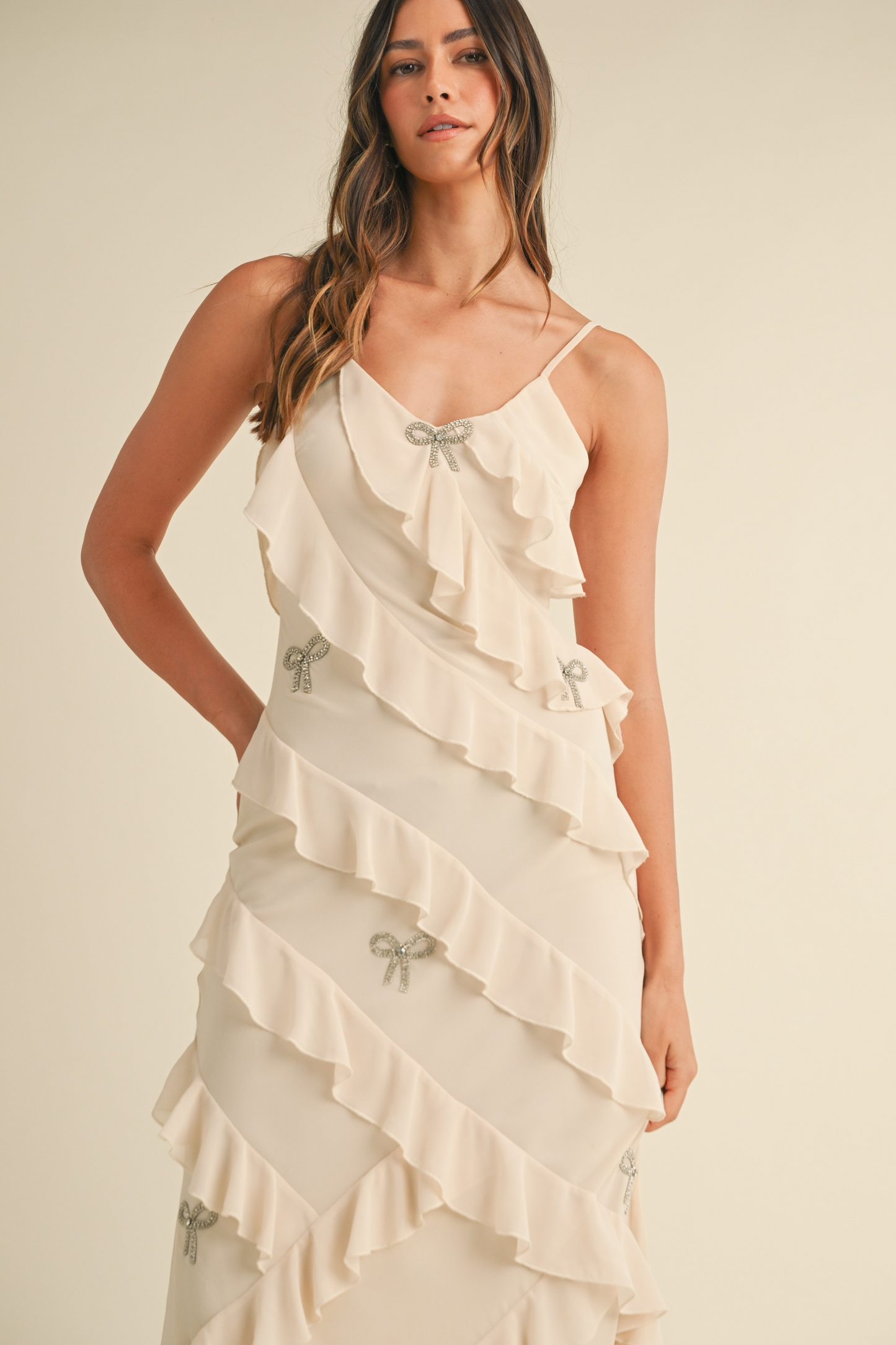 Bow Rhinestone Detailed Ruffle Maxi Dress