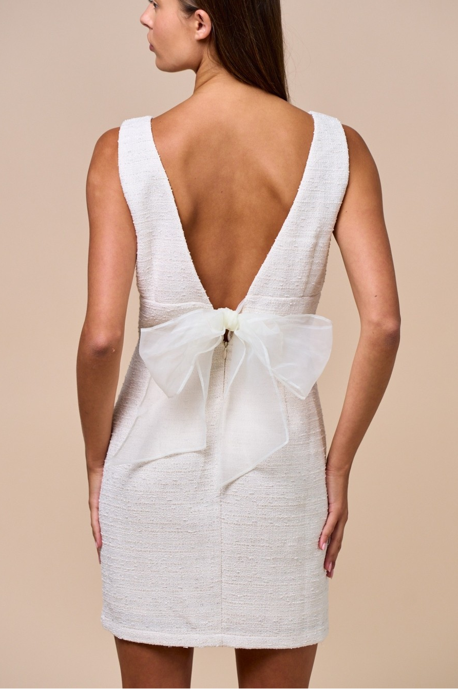bow back mini dress white Elegant Bow-Back Mini Dress L