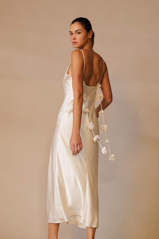 Sienna Satin Dress with Rosette Trim