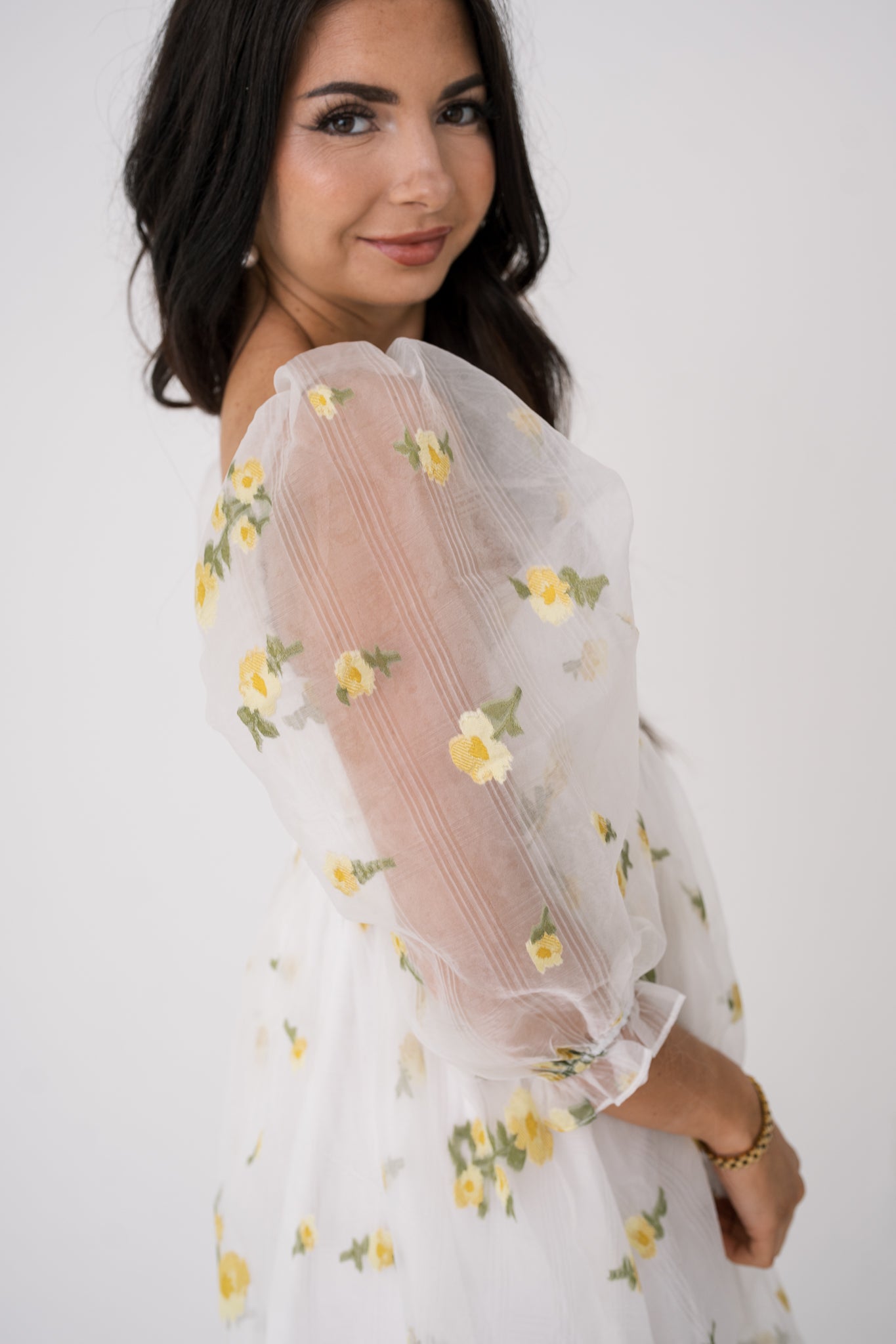 Yellow Daisy Embroidered Midi Baby Doll Dress