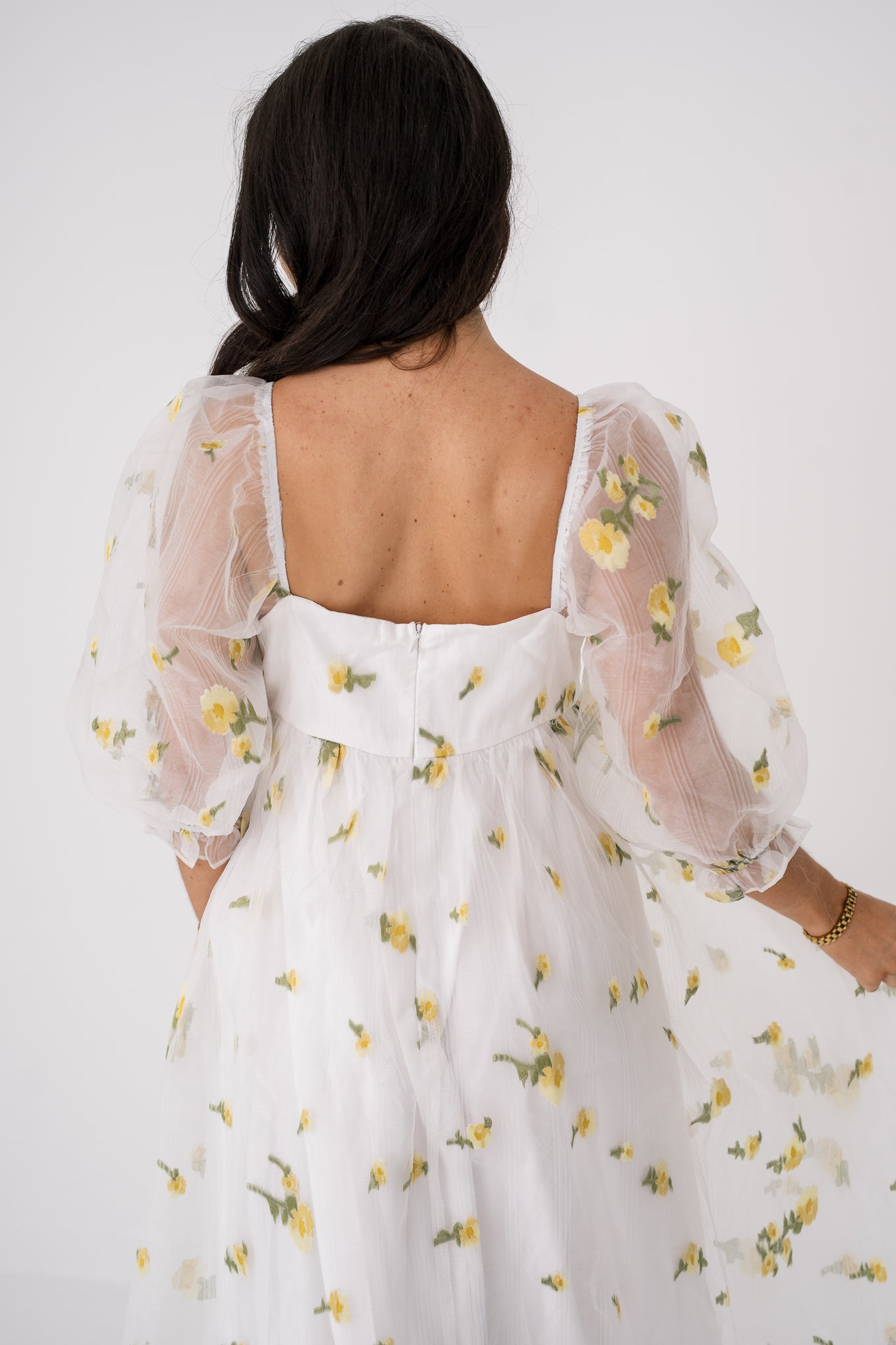 Yellow Daisy Embroidered Midi Baby Doll Dress