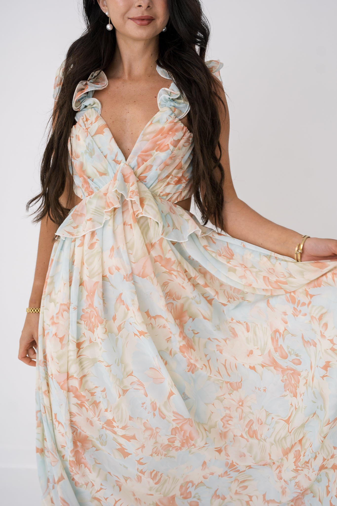 Floral Print Ruffle Sleeve Open Back Maxi Dress
