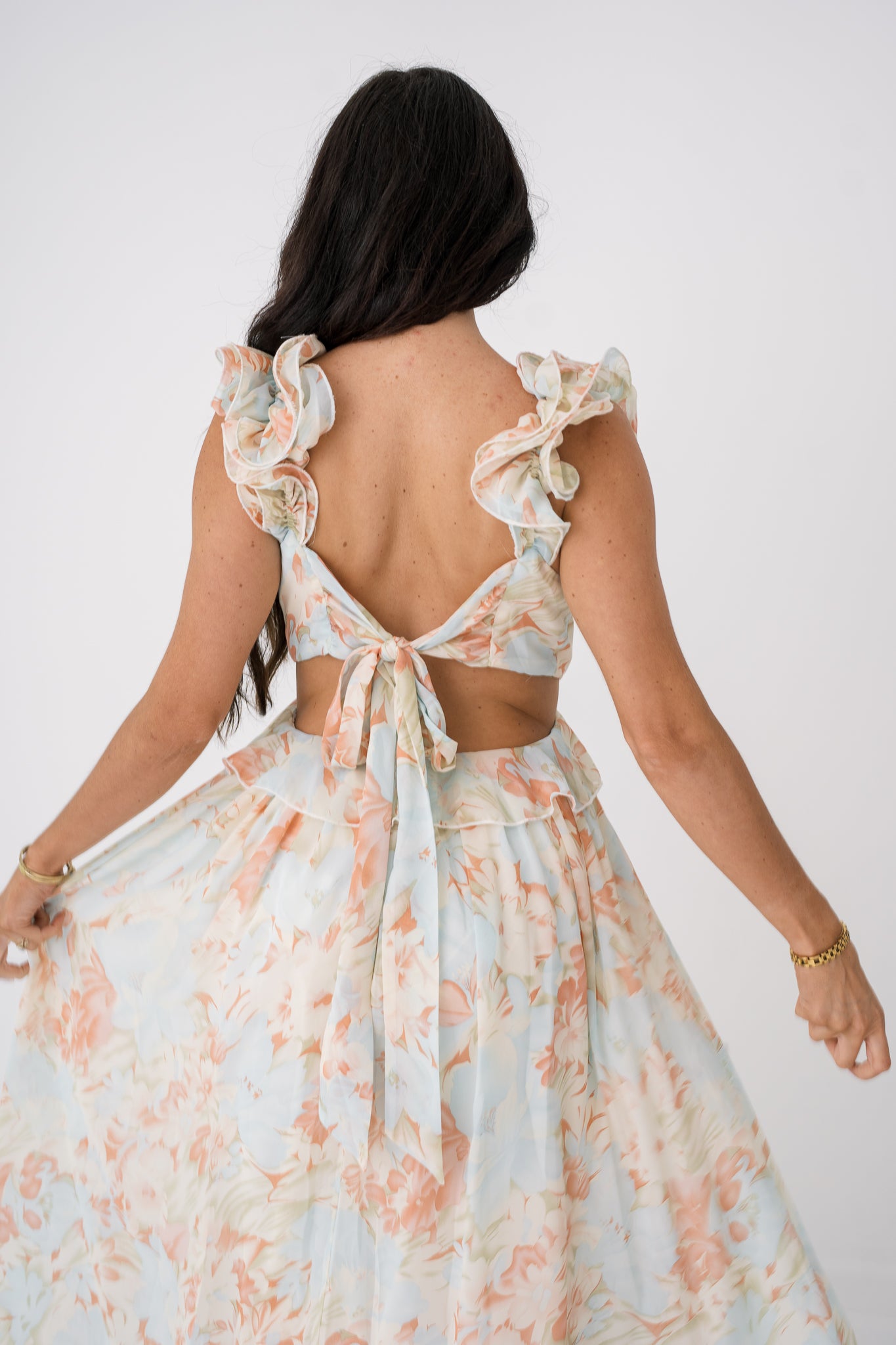 Floral Print Ruffle Sleeve Open Back Maxi Dress