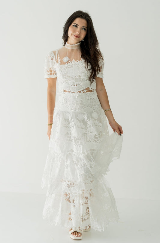 Embroidered Crop Top and Scalloped Maxi Skirt Set