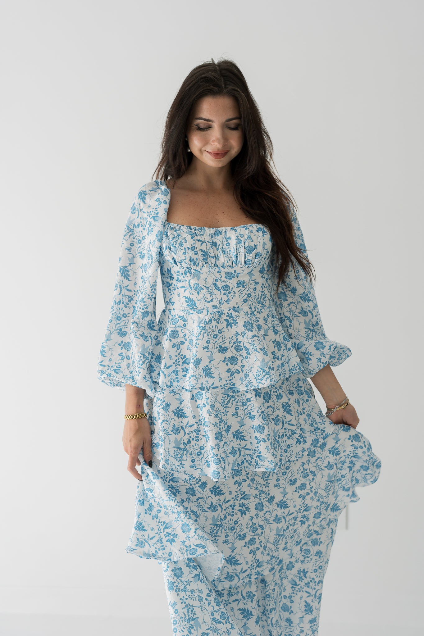 Tallie Long Sleeve Floral Print Tiered Maxi Dress