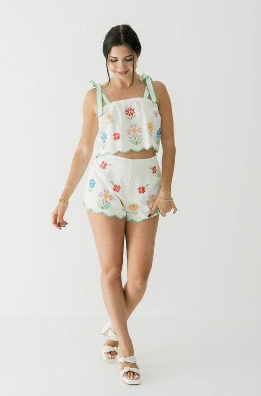 Embroidered Scallop Crop Top and Shorts Set