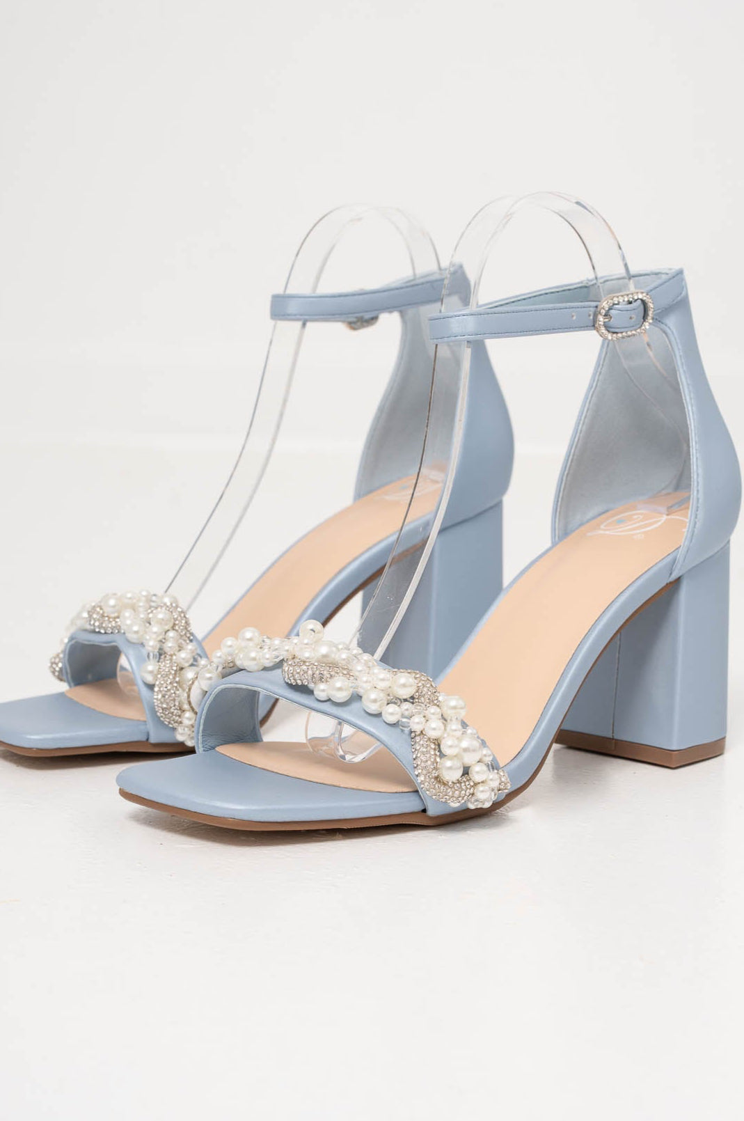 white dress blue heels Pearl Detail Block Heels 8