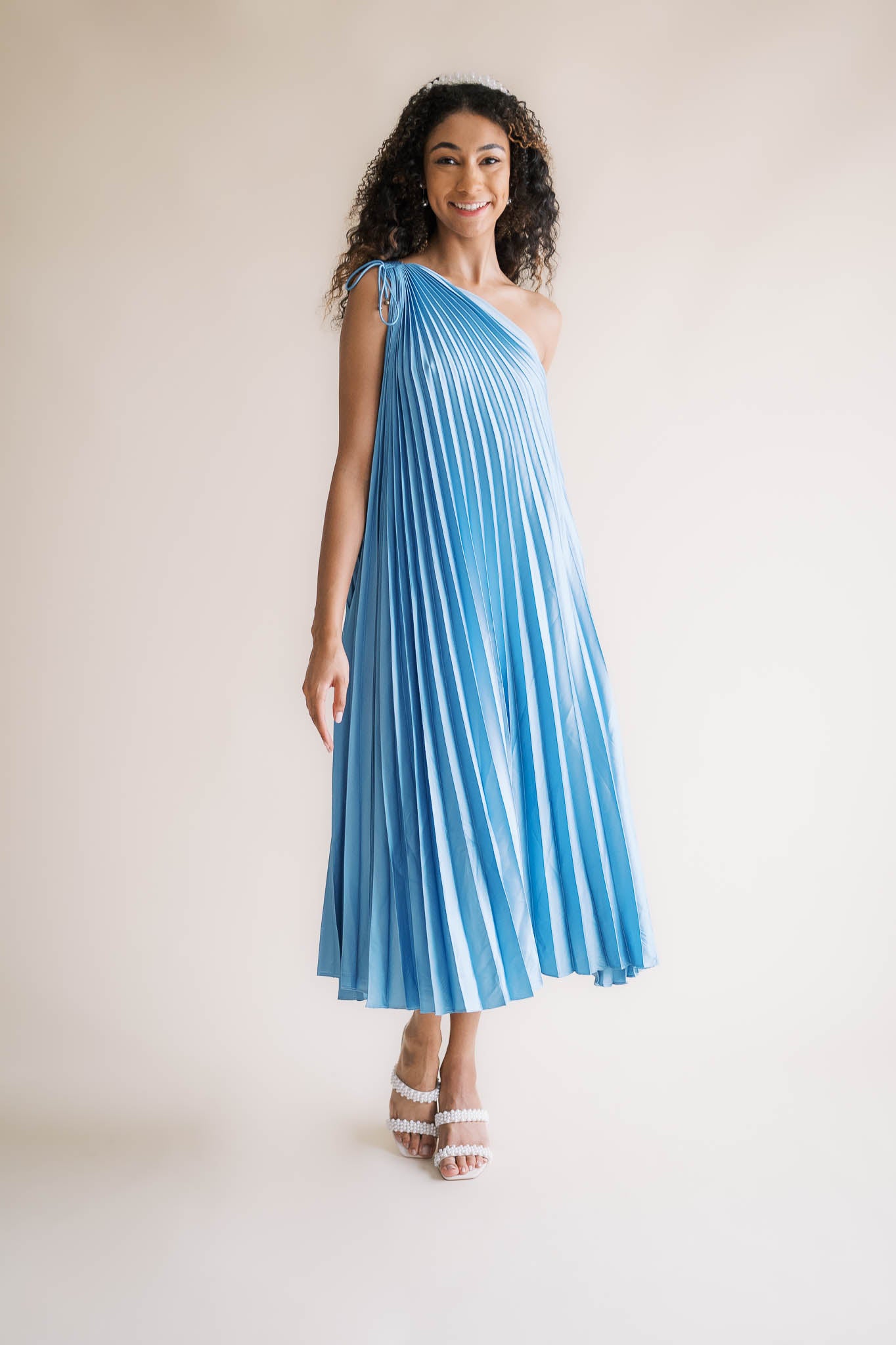 Blue Pleated One Shoulder Dress