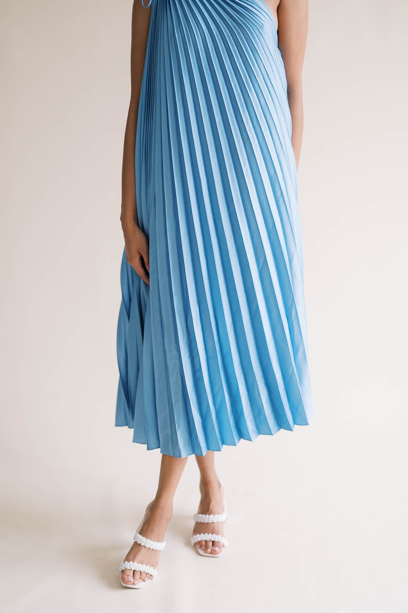 Blue Pleated One Shoulder Dress