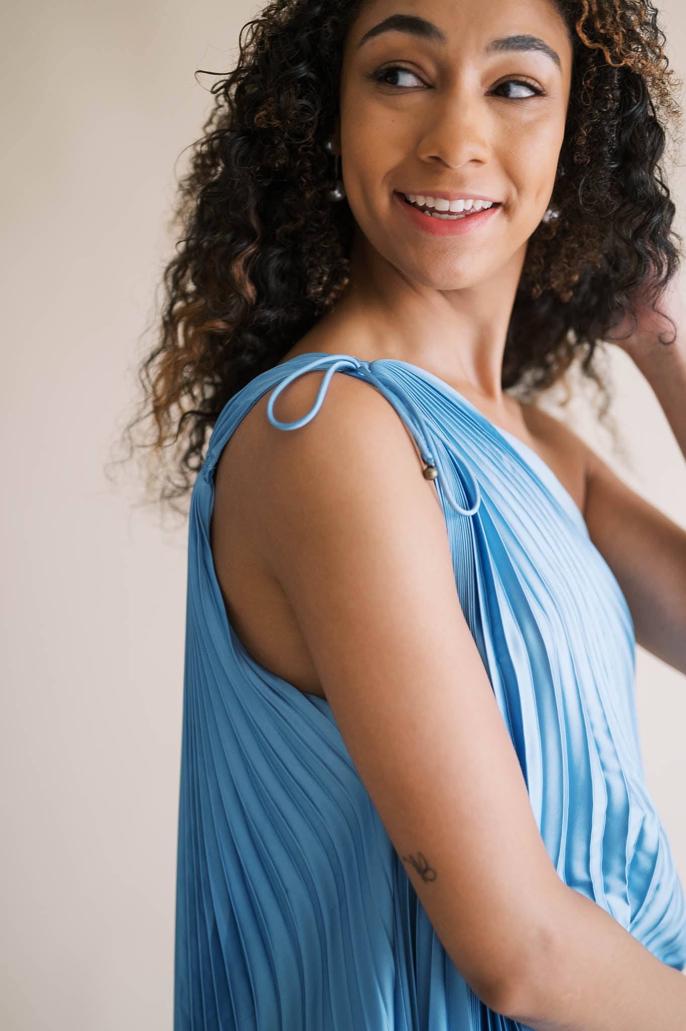 Blue Pleated One Shoulder Dress