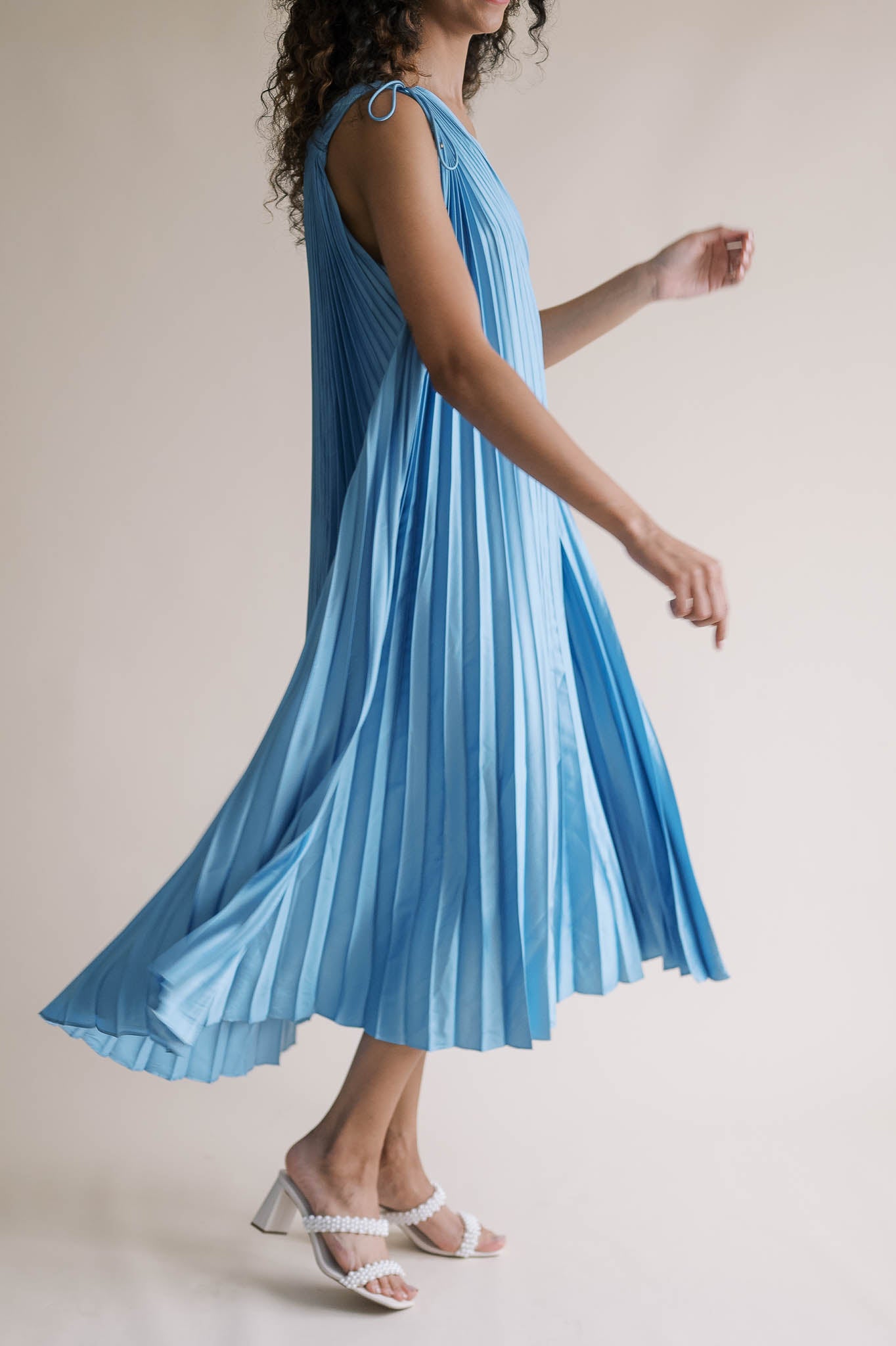 Blue Pleated One Shoulder Dress