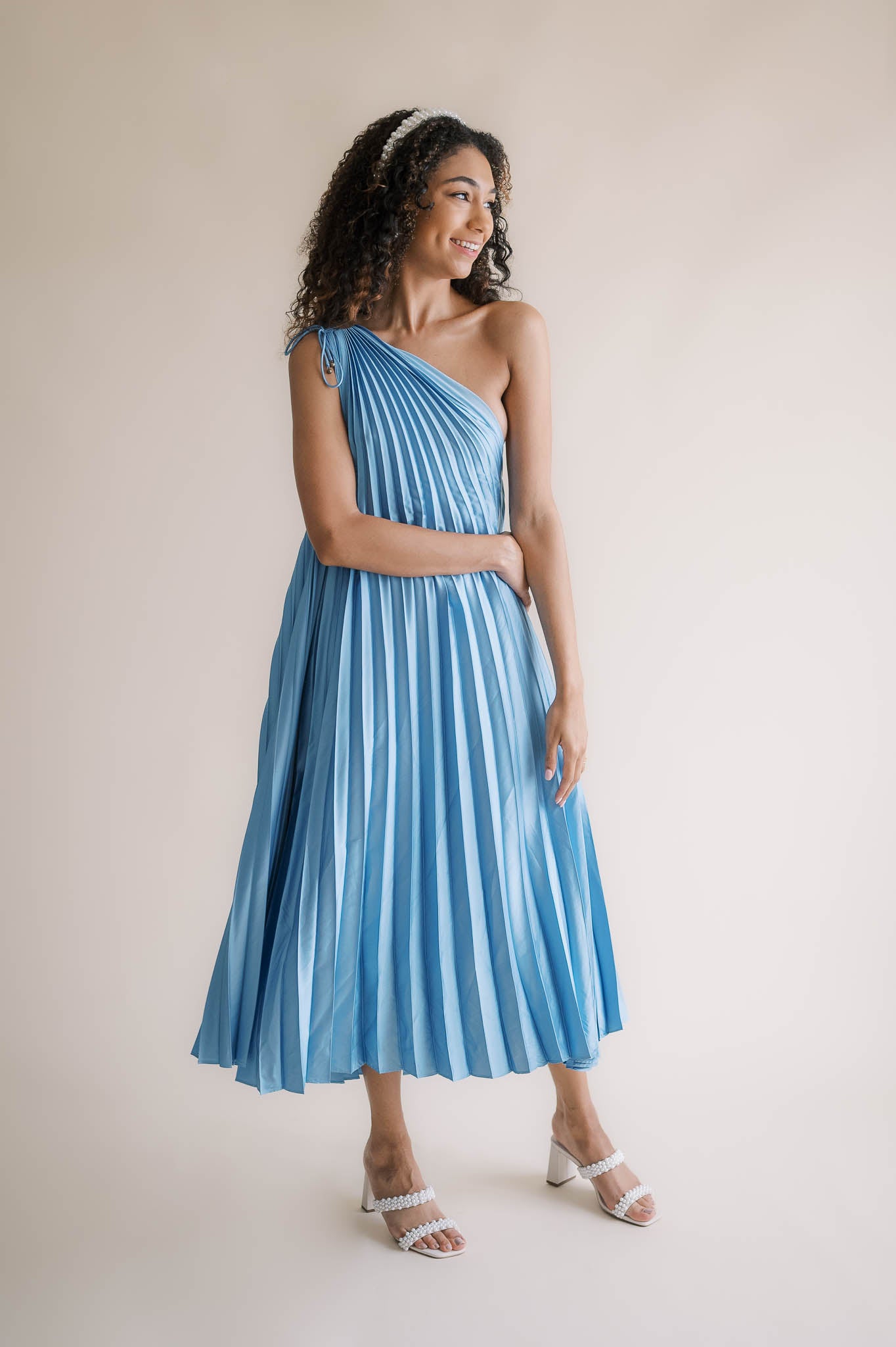 Blue Pleated One Shoulder Dress