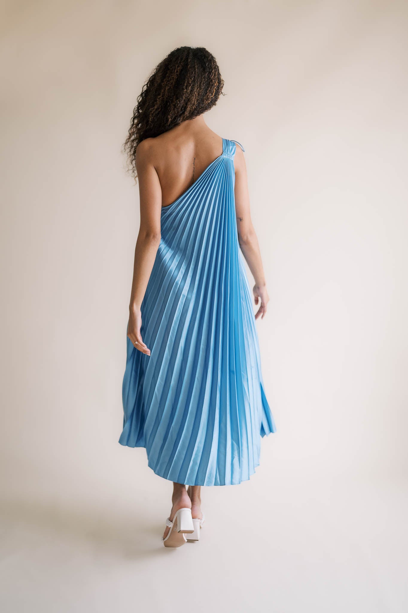 Blue Pleated One Shoulder Dress