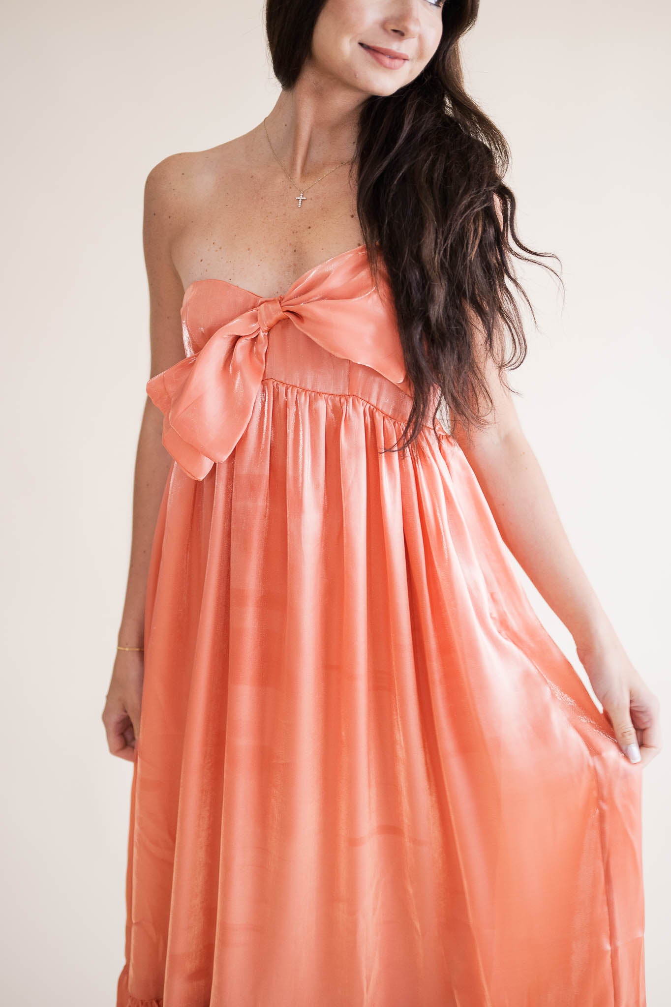 Apricot Satin Bow Maxi Dress