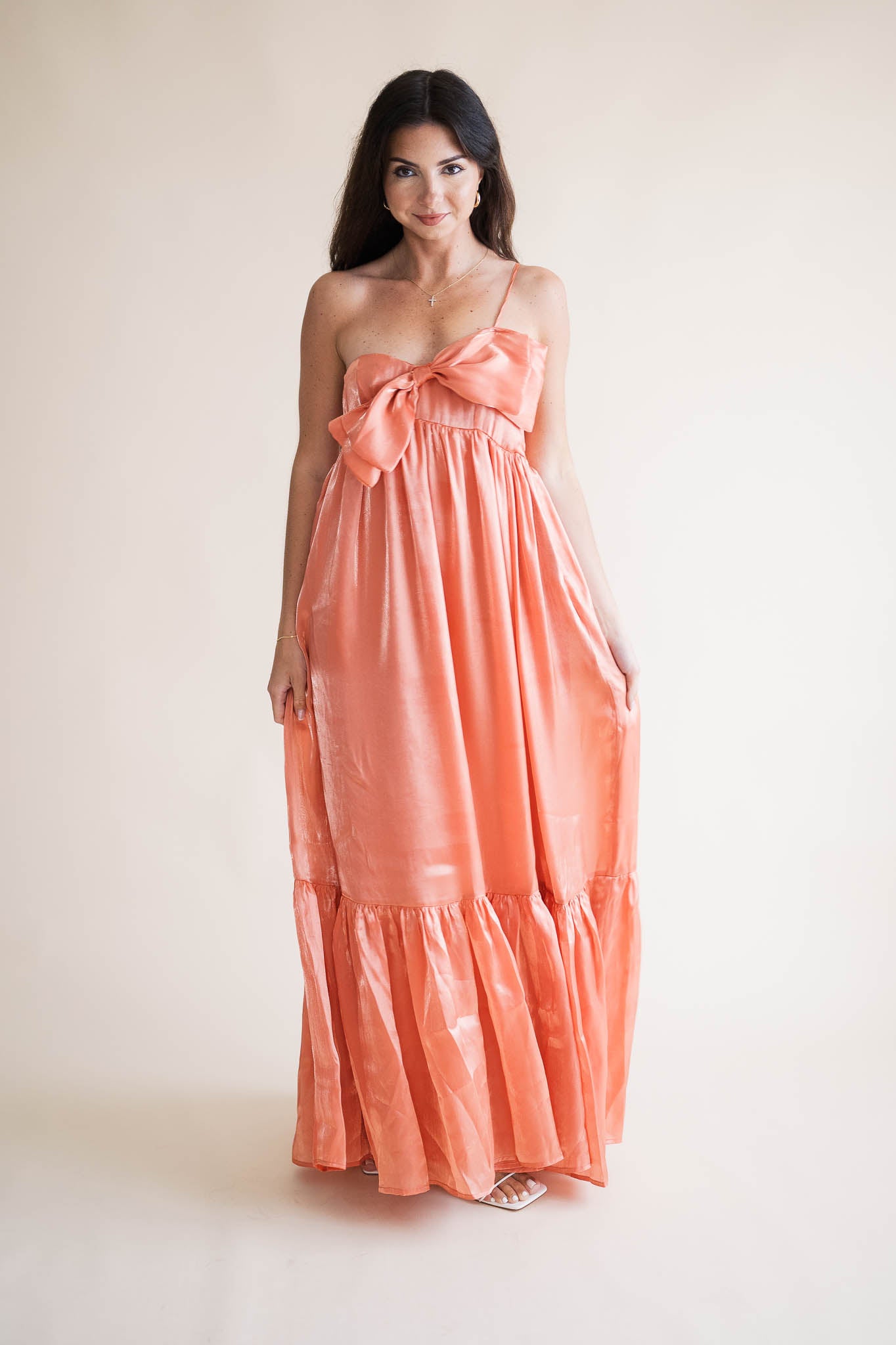Apricot Satin Bow Maxi Dress