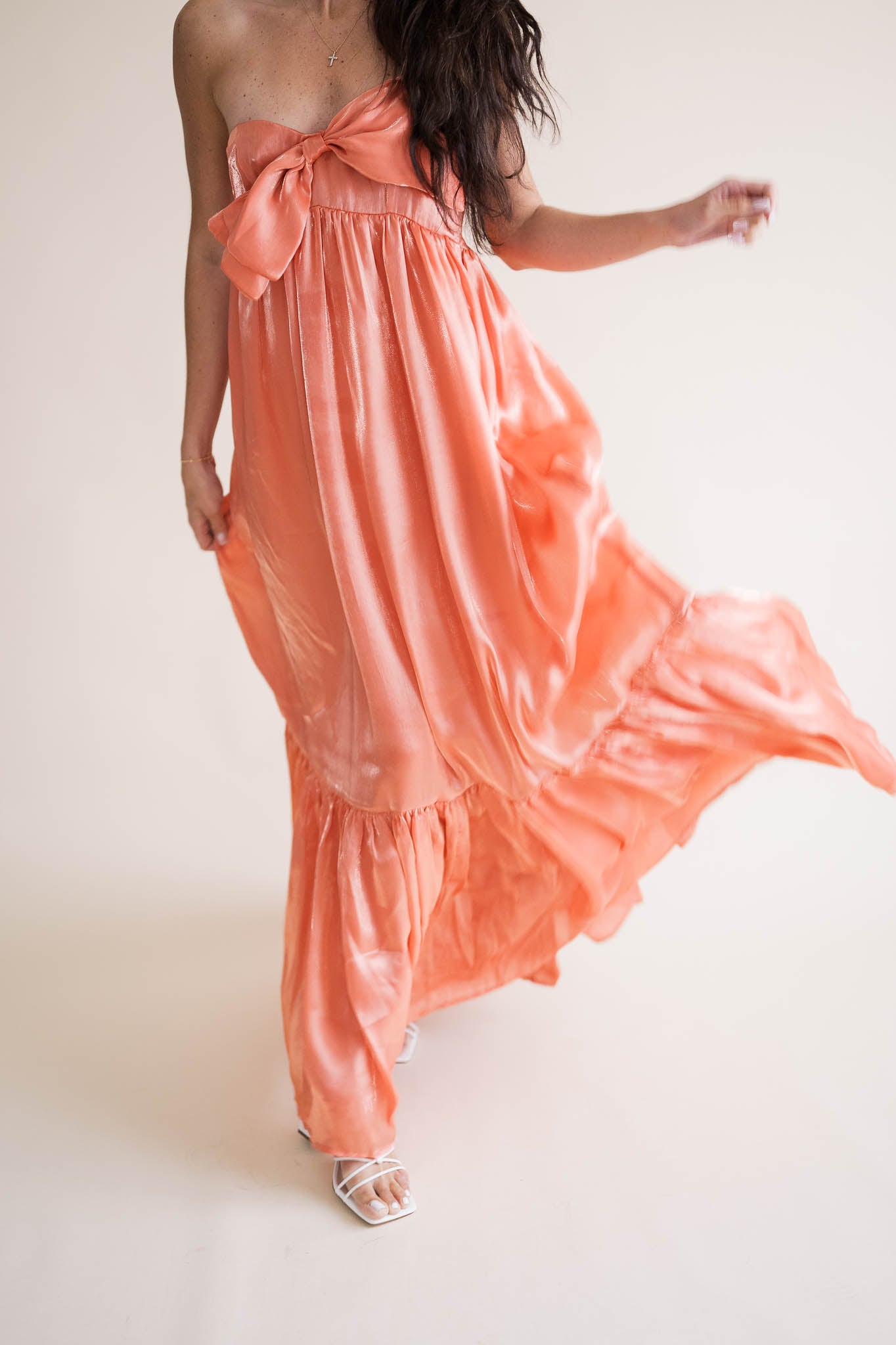 Apricot Satin Bow Maxi Dress