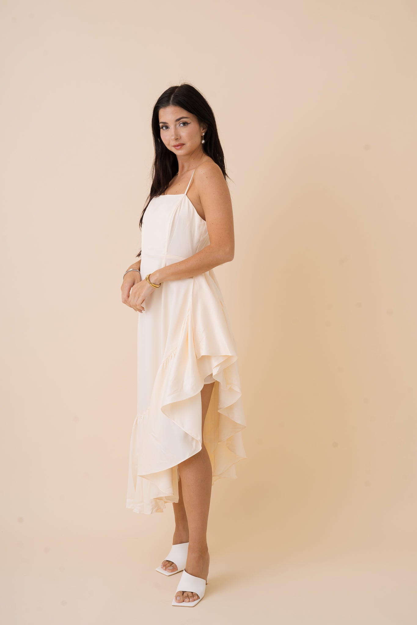 Asymmetrical Ruffle Hem Satin Dress