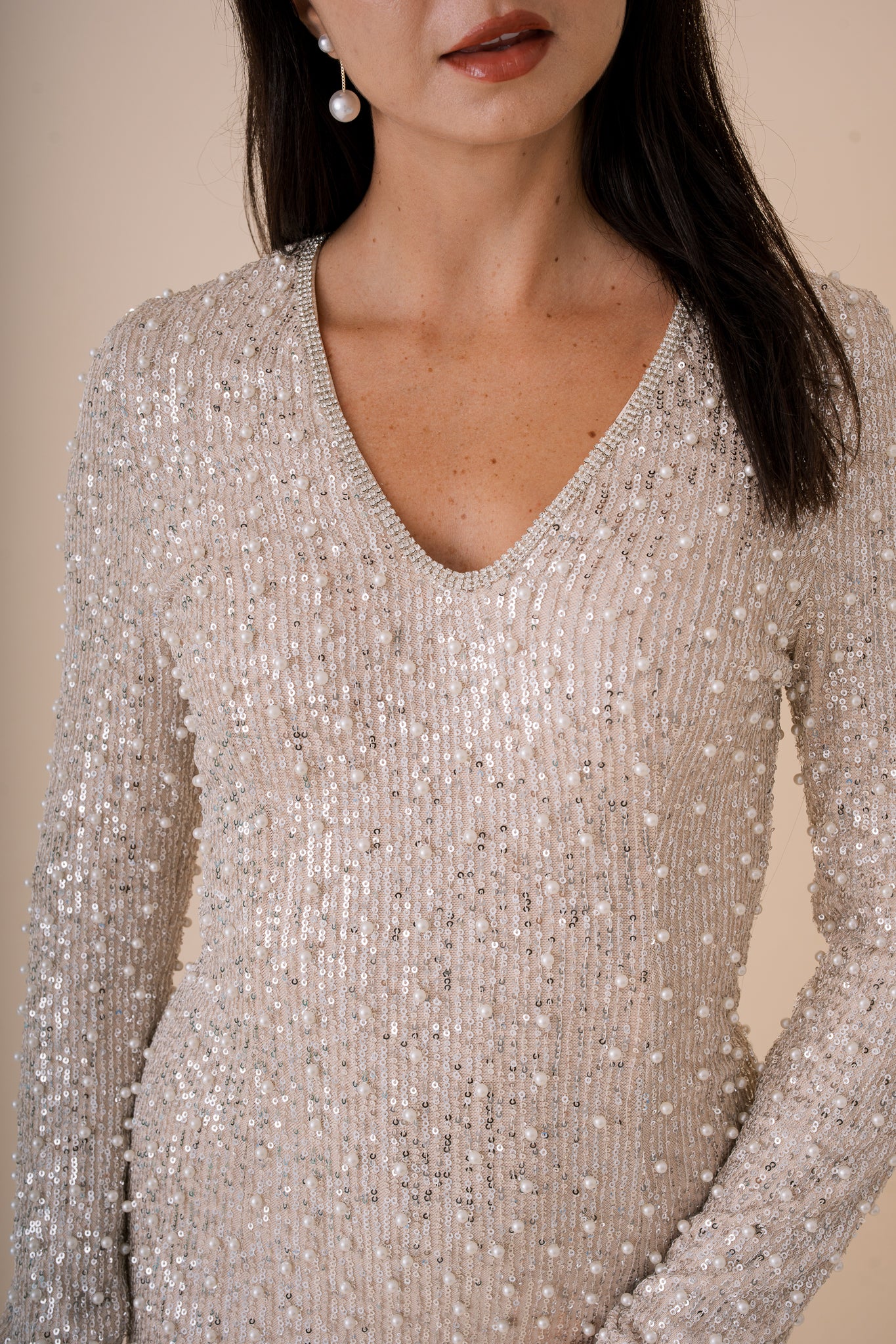 Long Sleeve Sequin and Pearl Midi Dress