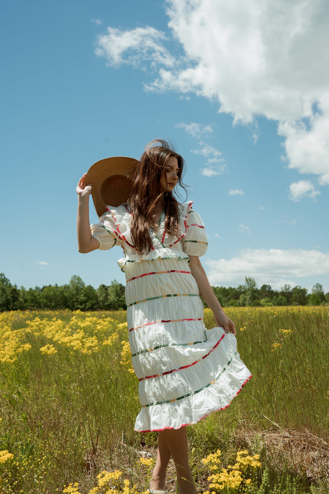Carmen White Midi Dress with Multi-Color Trim