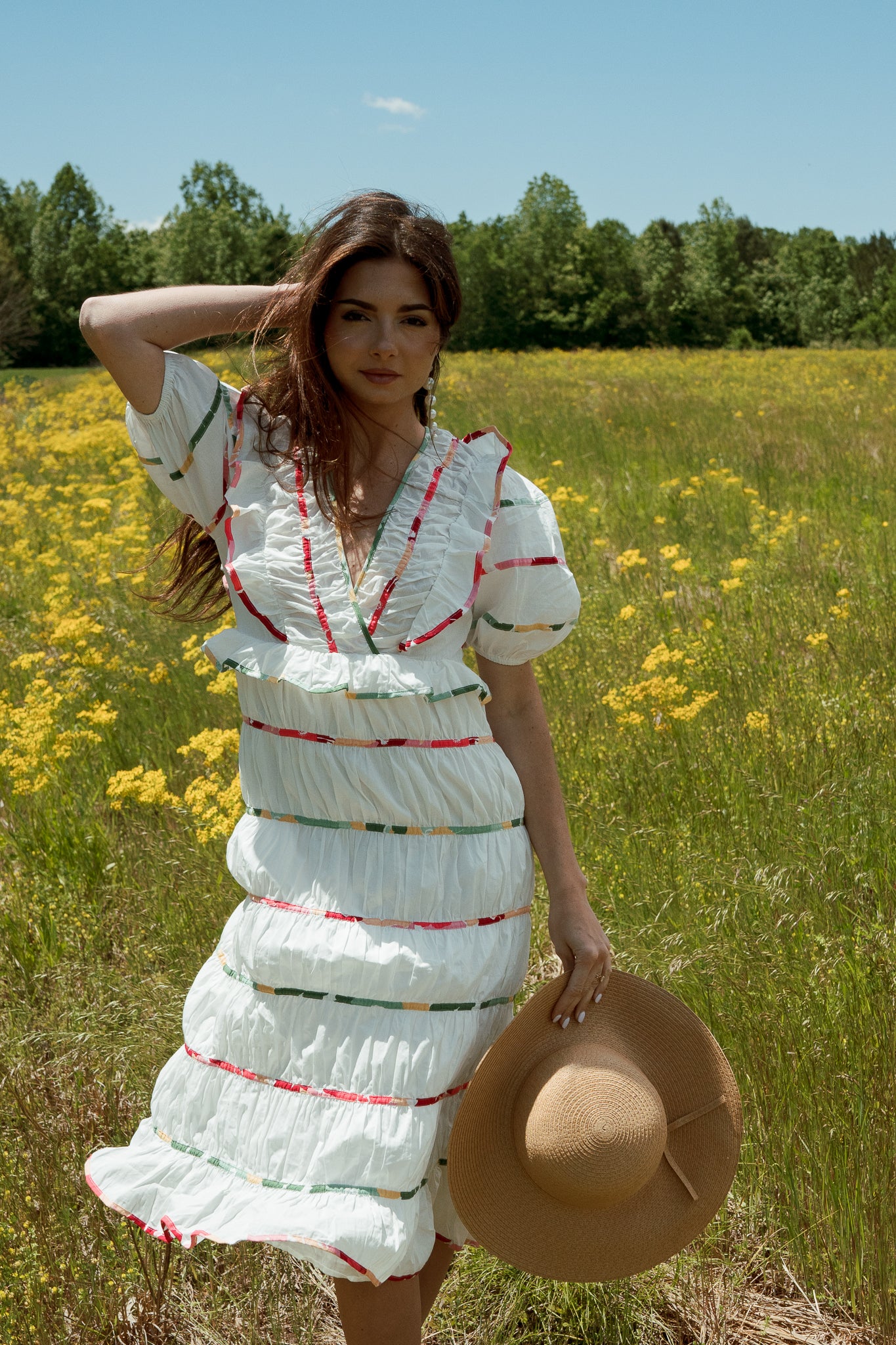 Carmen White Midi Dress with Multi-Color Trim
