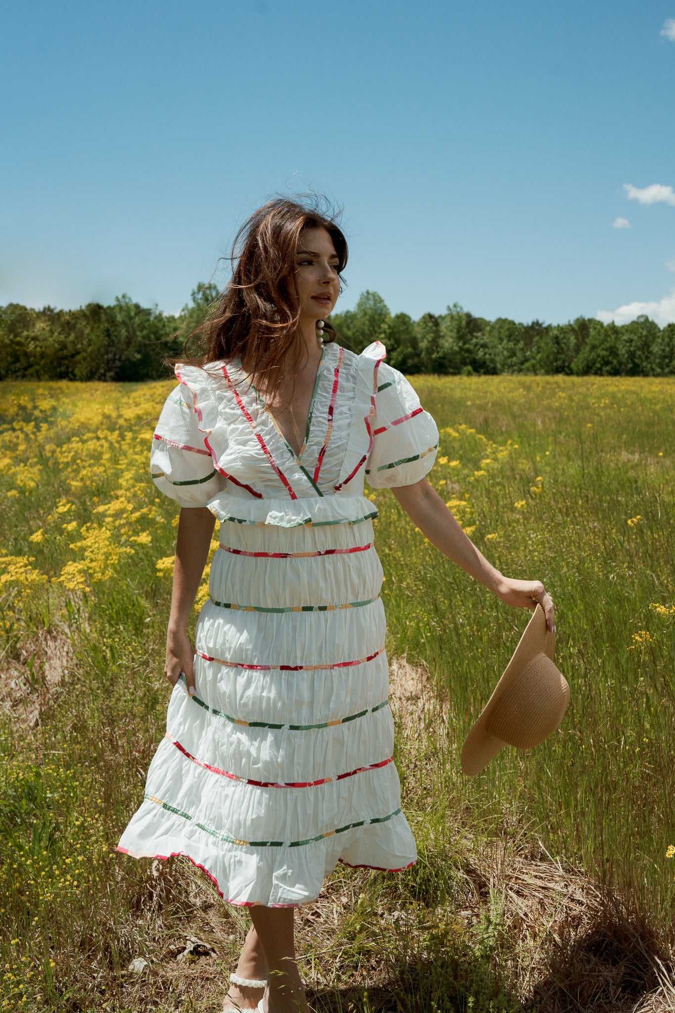Carmen White Midi Dress with Multi-Color Trim