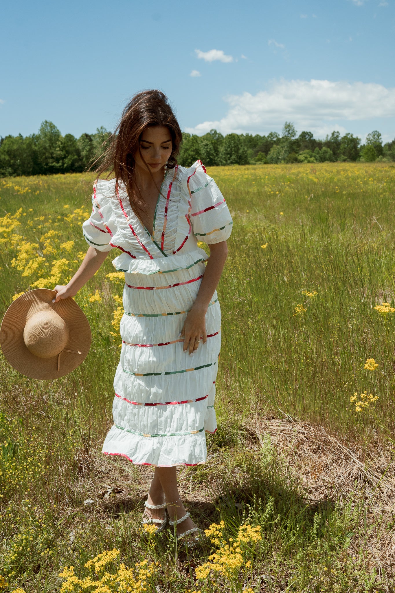 Carmen White Midi Dress with Multi-Color Trim