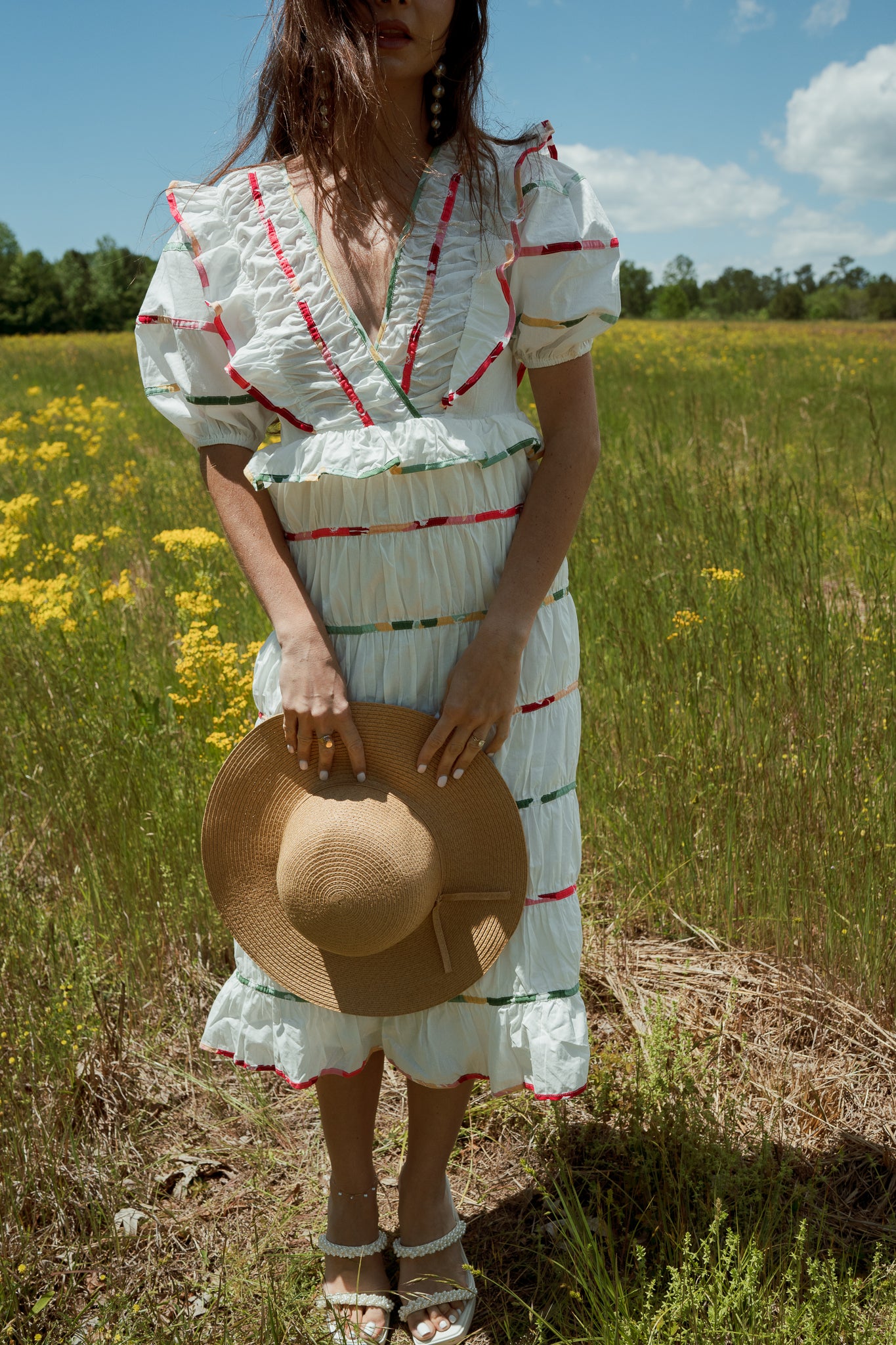 Carmen White Midi Dress with Multi-Color Trim