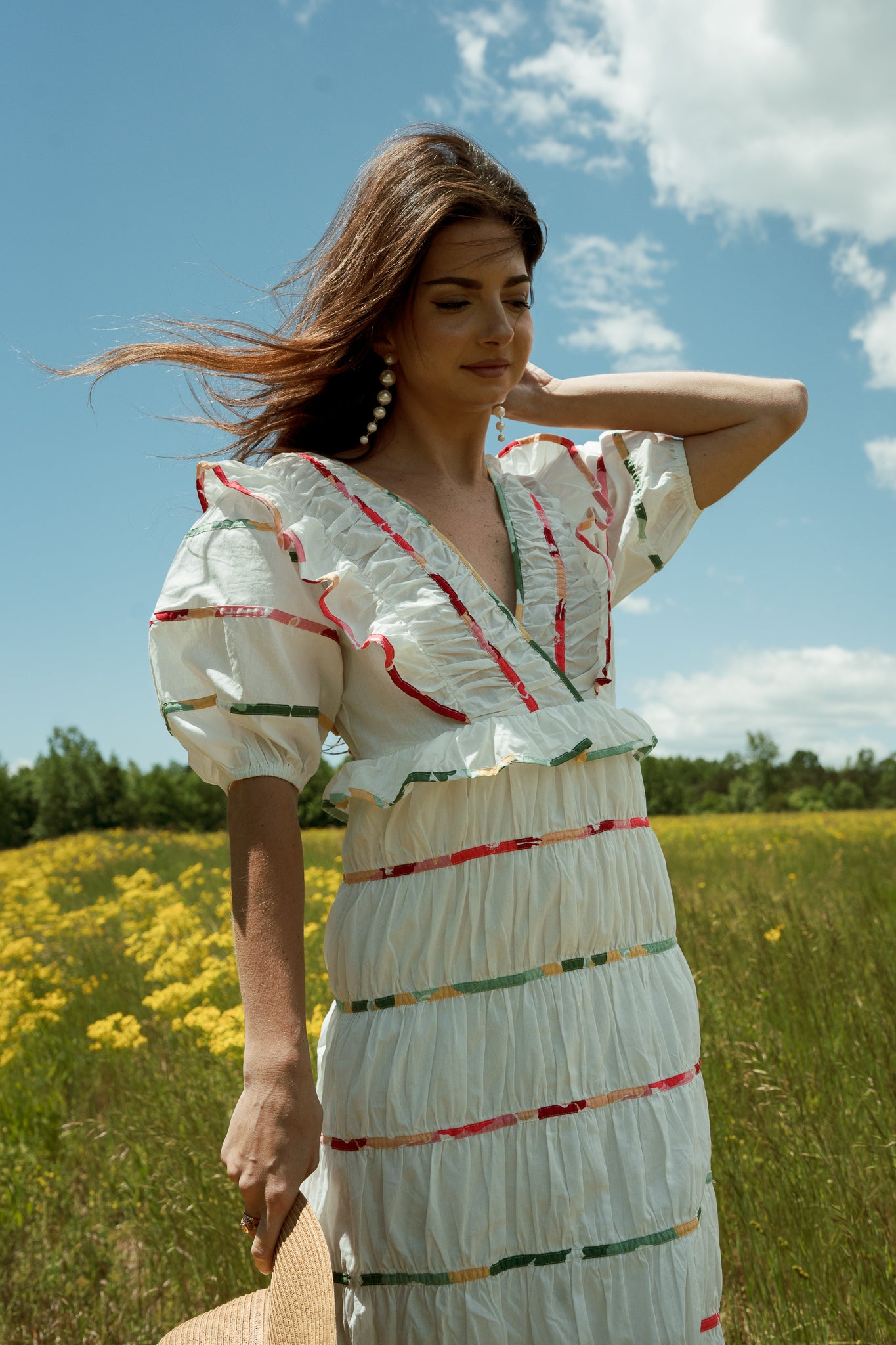 Carmen White Midi Dress with Multi-Color Trim