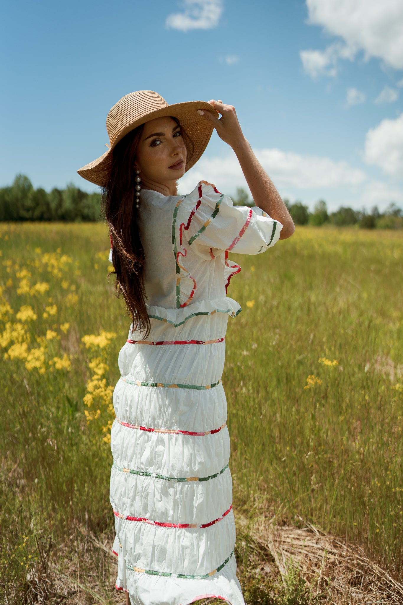 Carmen White Midi Dress with Multi-Color Trim