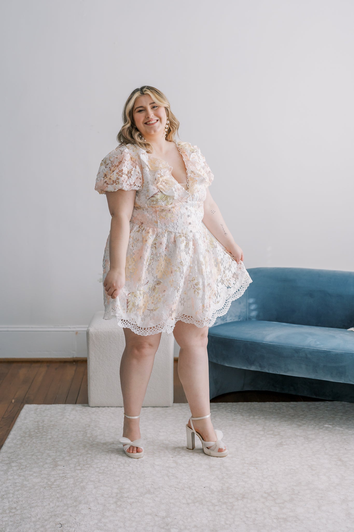 PLUS Short Puff Sleeve Floral Lace Dress