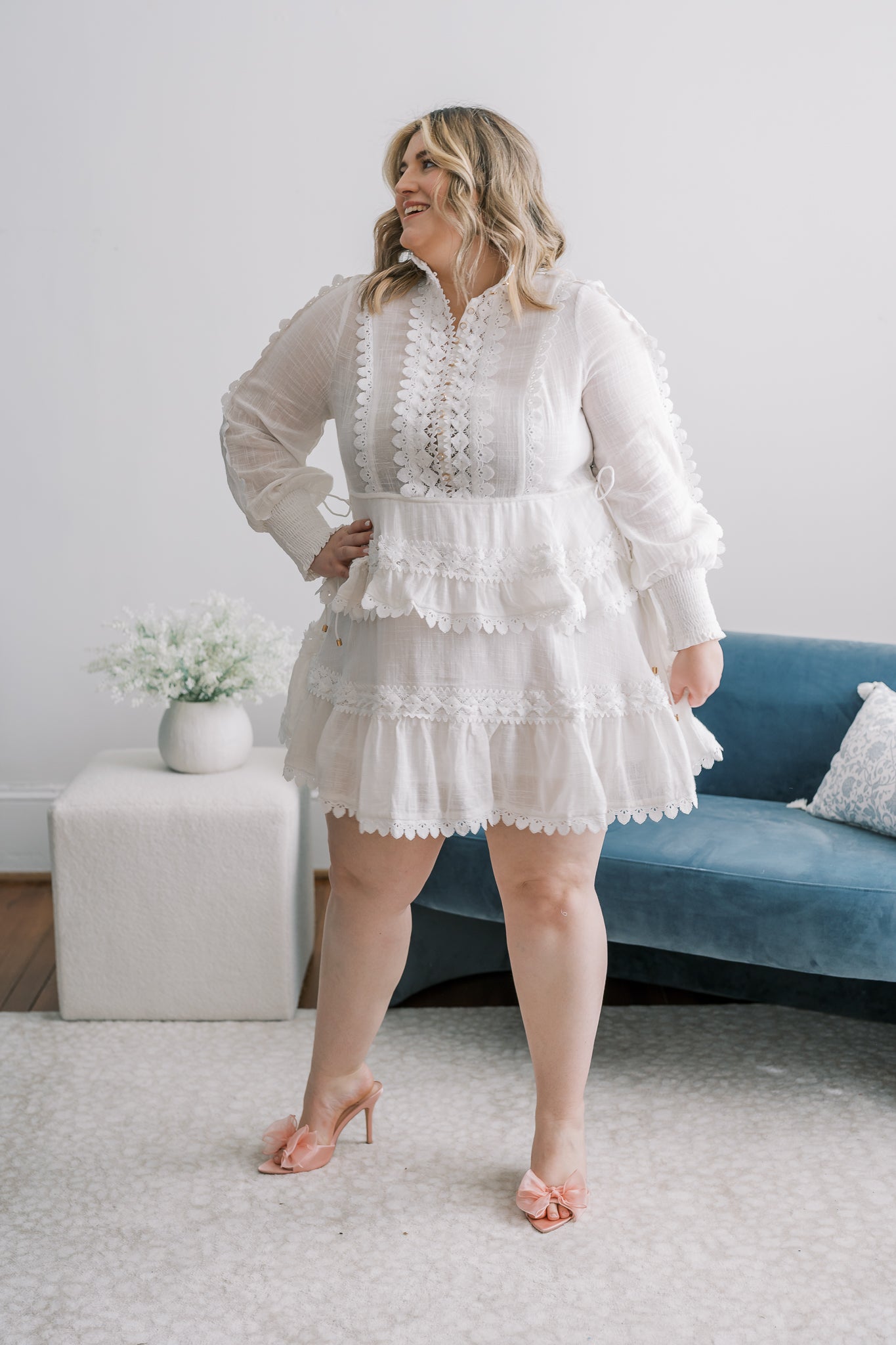 PLUS Long Sleeve Mock Neck Ruffle Mini Dress with Buttons