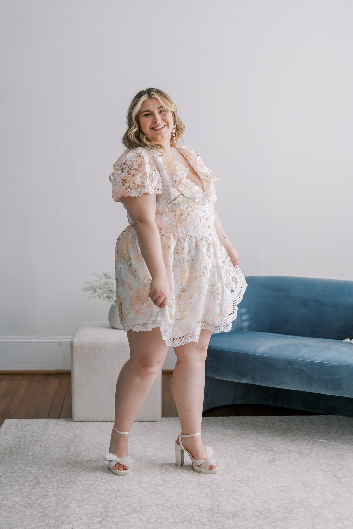 PLUS Short Puff Sleeve Floral Lace Dress