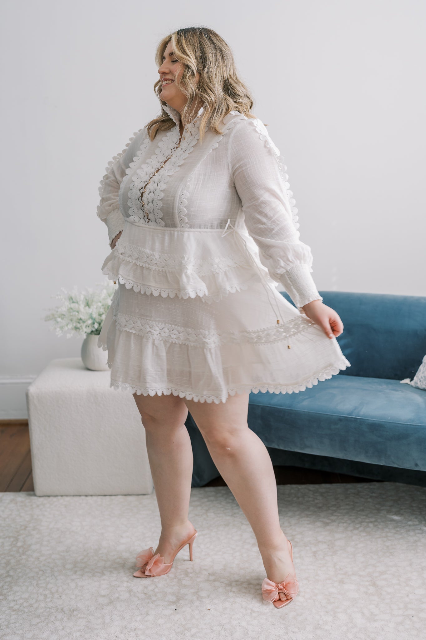 PLUS Long Sleeve Mock Neck Ruffle Mini Dress with Buttons