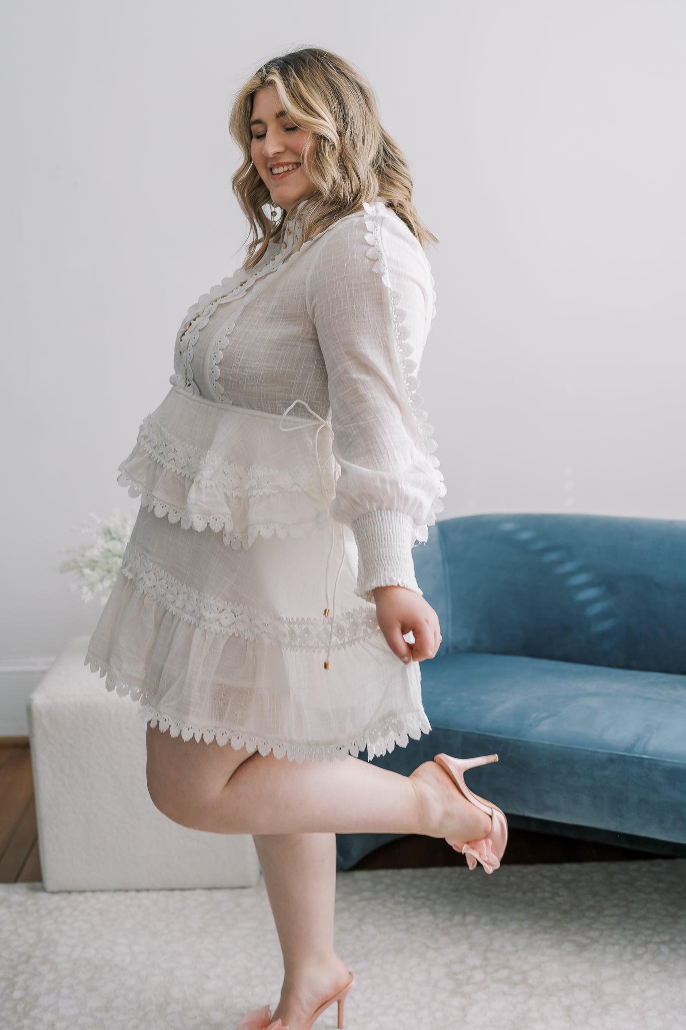 PLUS Long Sleeve Mock Neck Ruffle Mini Dress with Buttons