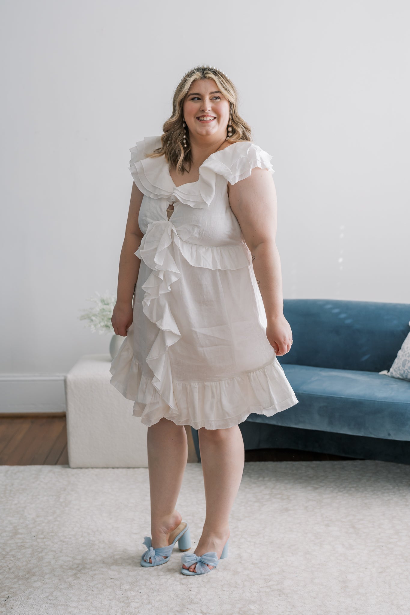 PLUS V-Neck Ruffle Tie Linen Mini Dress