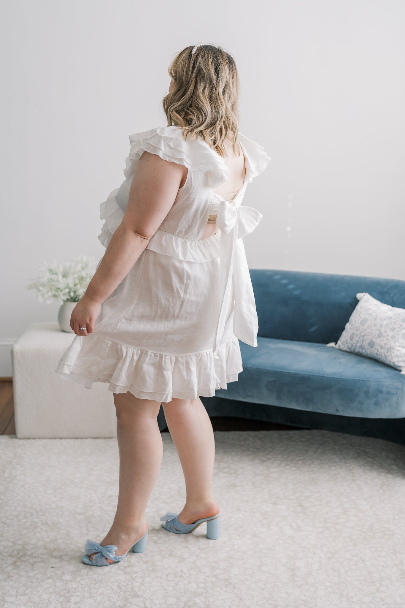 PLUS V-Neck Ruffle Tie Linen Mini Dress