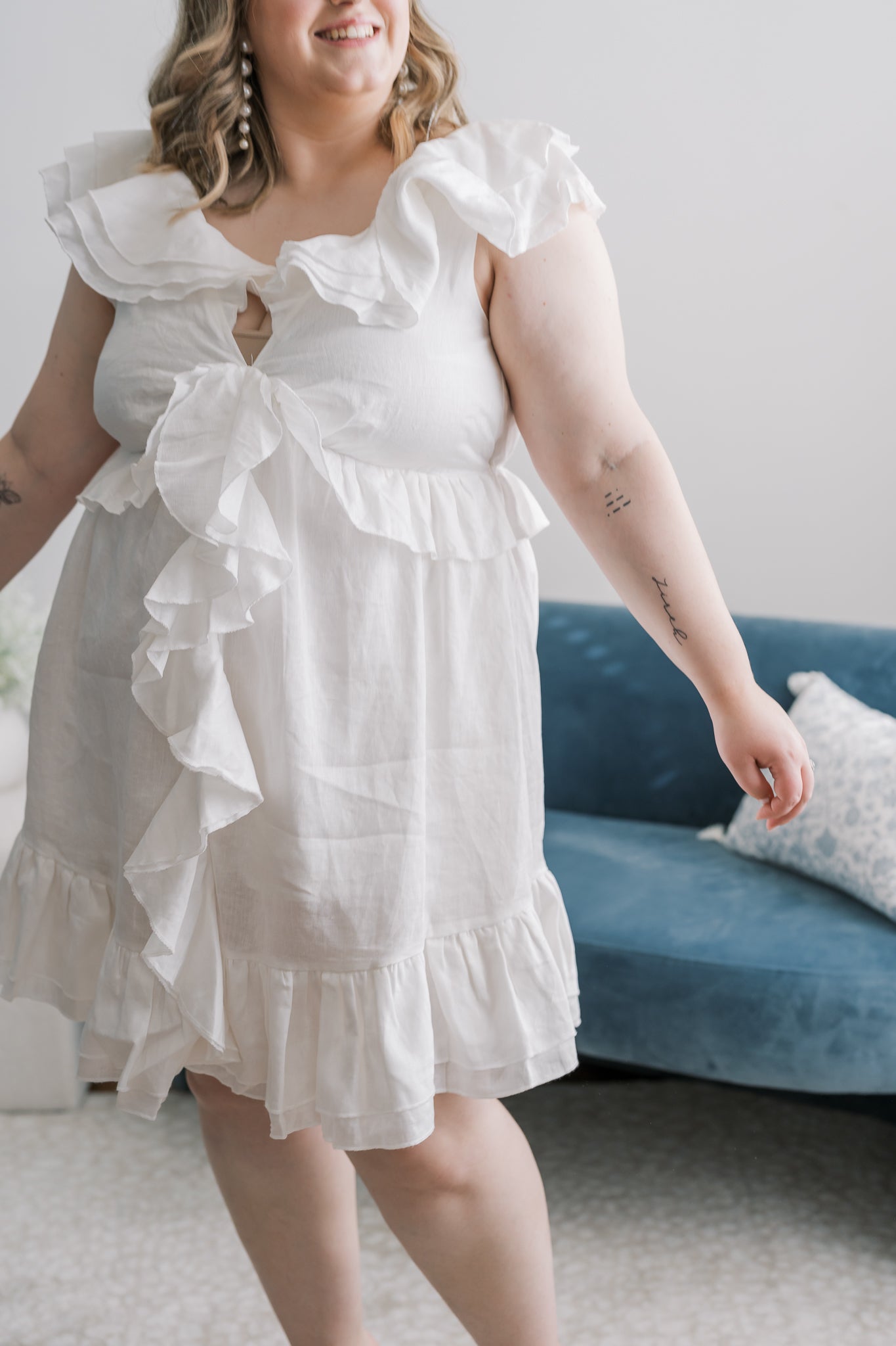 PLUS V-Neck Ruffle Tie Linen Mini Dress