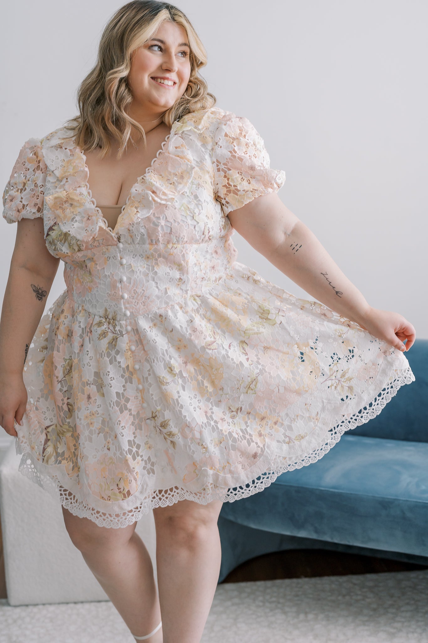 PLUS Short Puff Sleeve Floral Lace Dress