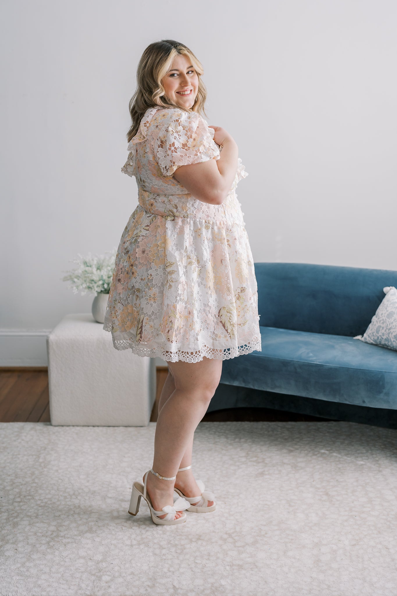 PLUS Short Puff Sleeve Floral Lace Dress