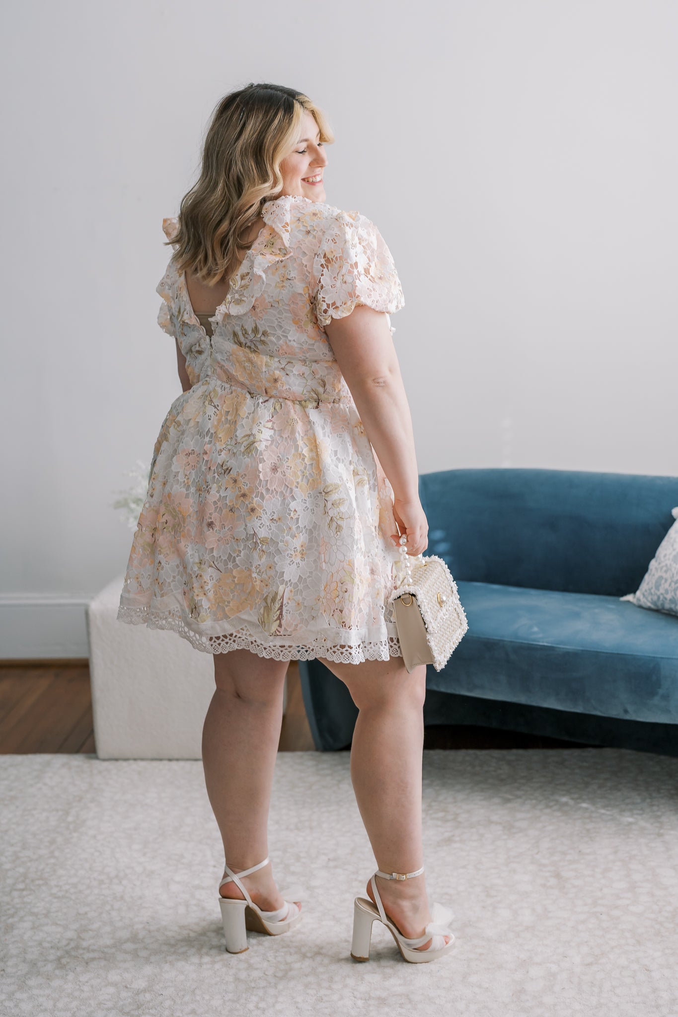 PLUS Short Puff Sleeve Floral Lace Dress