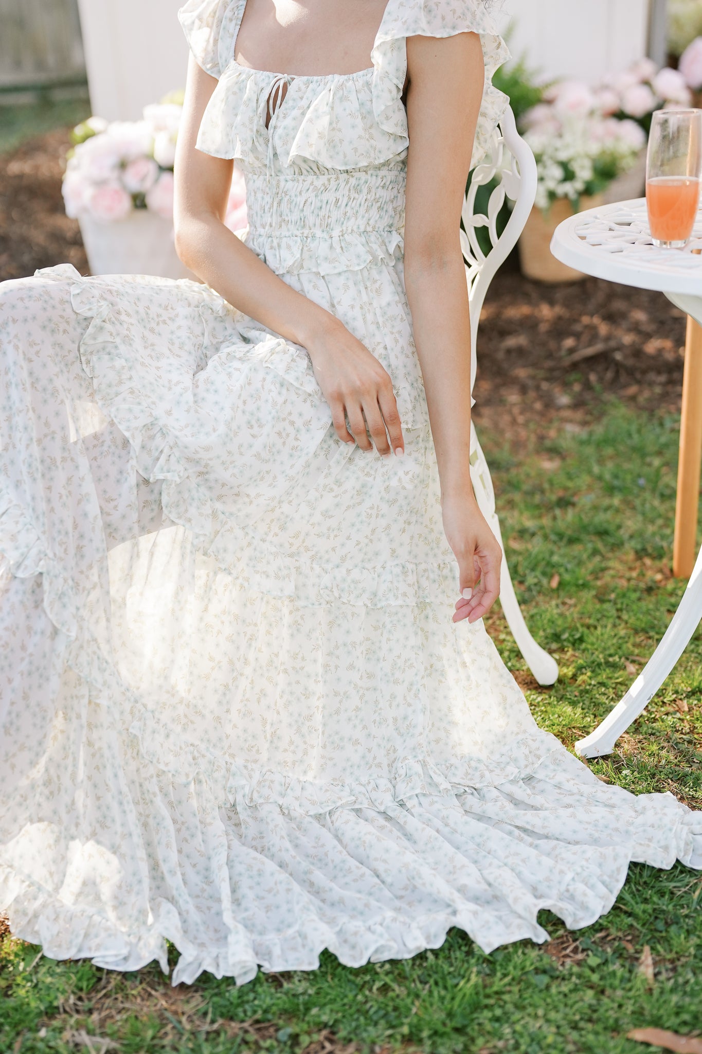 White and Green Floral Maxi Dress