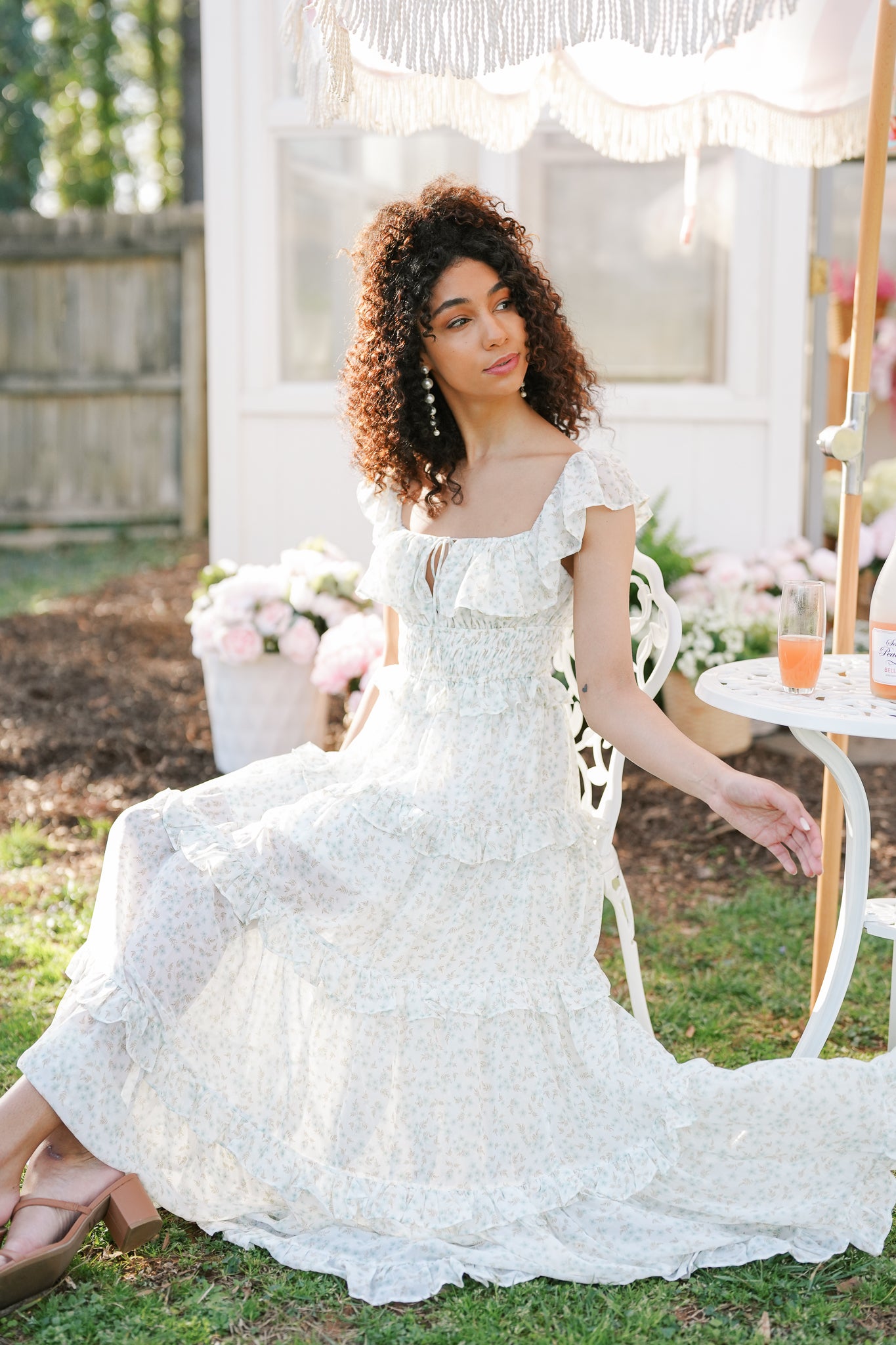 White and Green Floral Maxi Dress