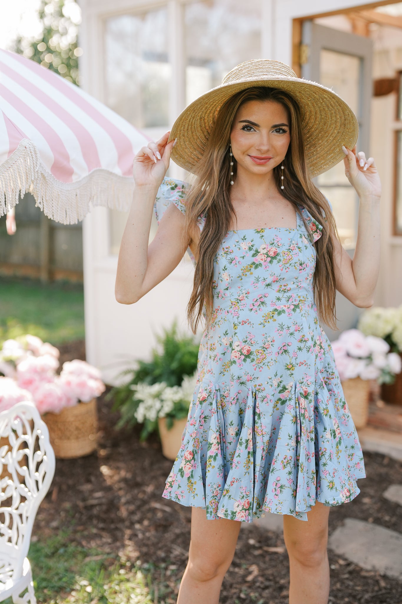Flutter Sleeve Blue Multi-Floral Dress